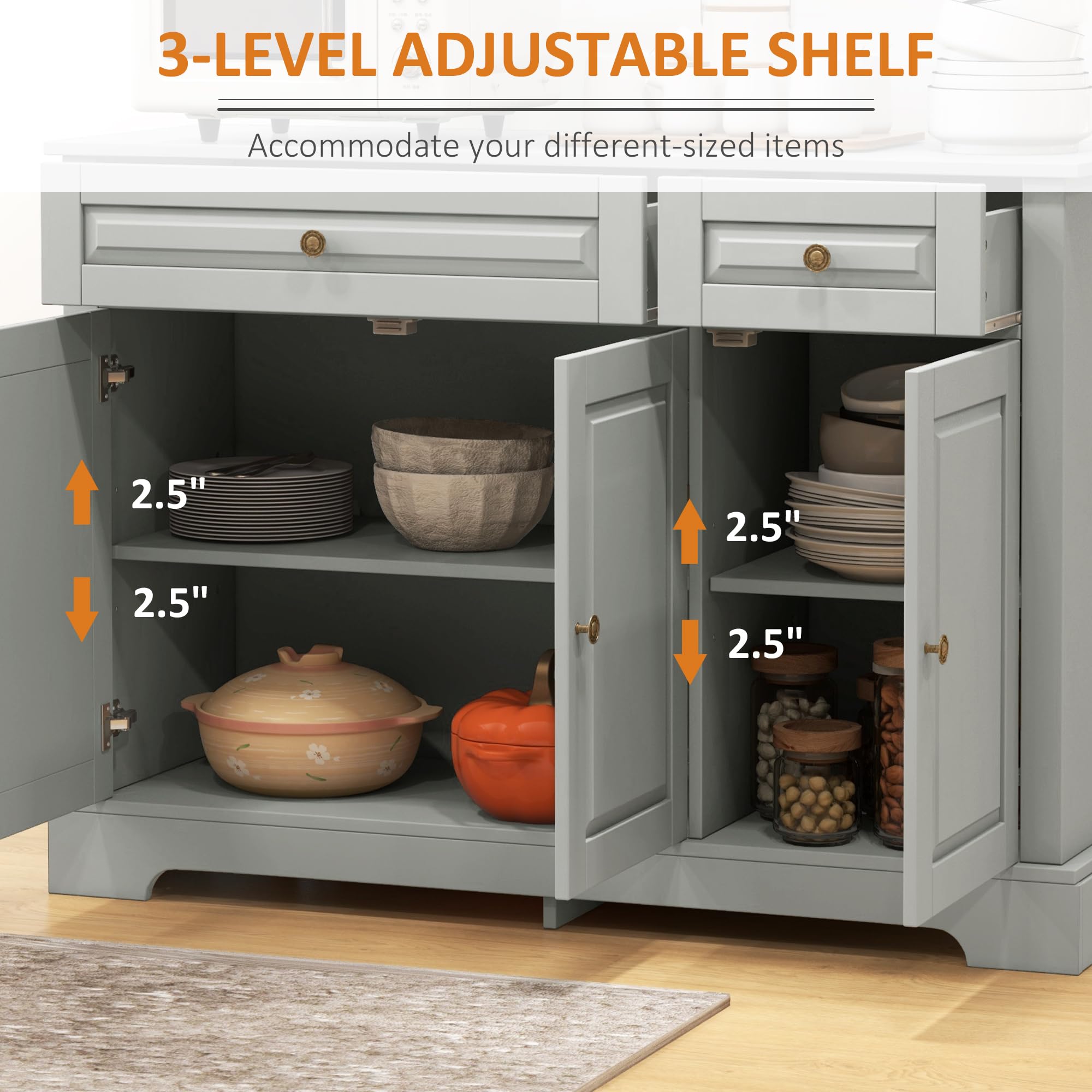 HOMCOM Modern Sideboard Buffet Cabinet - 2 Drawers & Adjustable Shelves Kitchen Storage, Coffee Bar Cabinet in Gray - Perfect for Dining Room, Living Room & Kitchen Organization