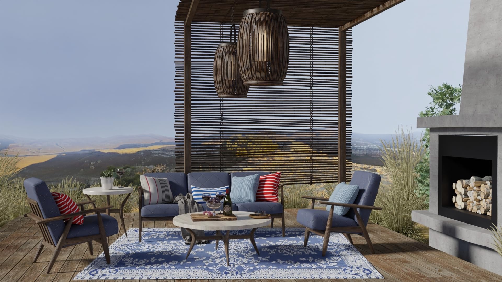 Mad Mats Traditional Outdoor Rug - Reversible Plastic Mat 6' x 9' Oriental Garland Blue/White - Perfect for Patio, Deck, Poolside & Garden Decor
