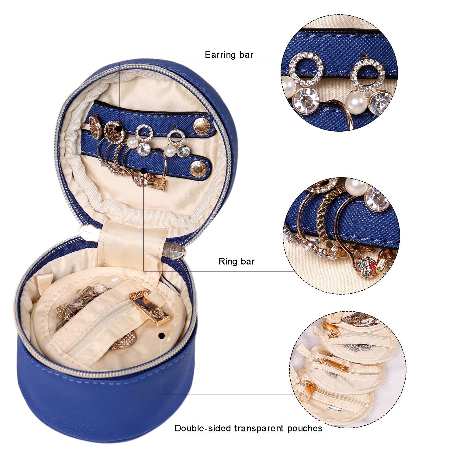 Angelina's Palace Round Jewelry Organizer Travel Case - Vegan Leather Storage Box for Necklaces, Earrings, Bracelets & Rings (Dark Chambray) | Perfect Bridesmaid Gift & Travel Jewelry Organizer for Women