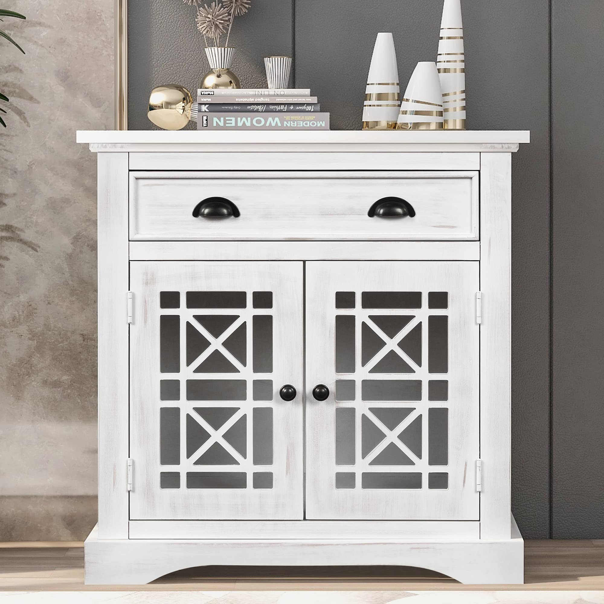 P PURLOVE Wood Storage Cabinet with 2 Drawers & Doors - Organizer Chest for Kitchen, Dining Room, Entryway & Bedroom - Home Organization Solution for Utensils, Linens & Decor