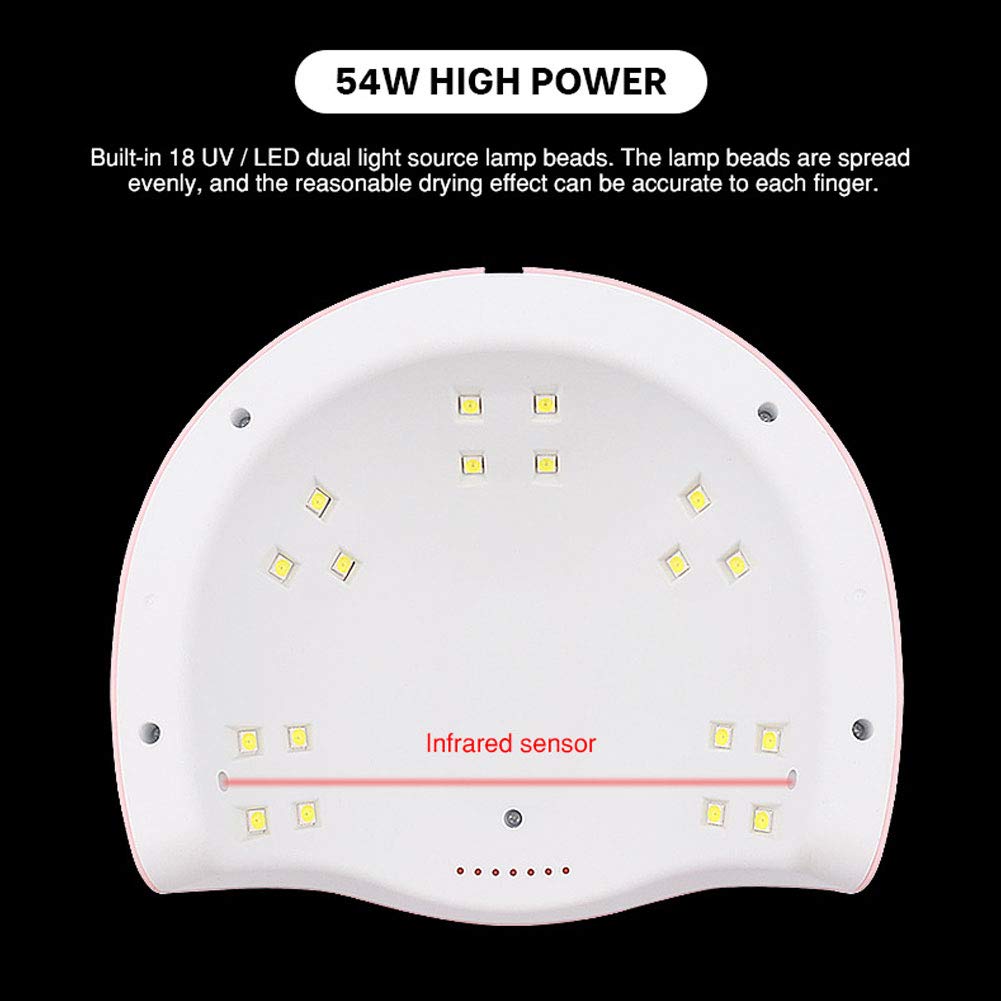 54W LED Nail Dryer Lamp - Professional Gel Polish Curing Light with 18 LED Chips, USB Powered, 30s/60s/90s Timer for Home & Salon Use - Pink Tabletop Nail Art Equipment (Perfect for Manicures, Pedicures, Gel Extensions & Nail Art Curing)