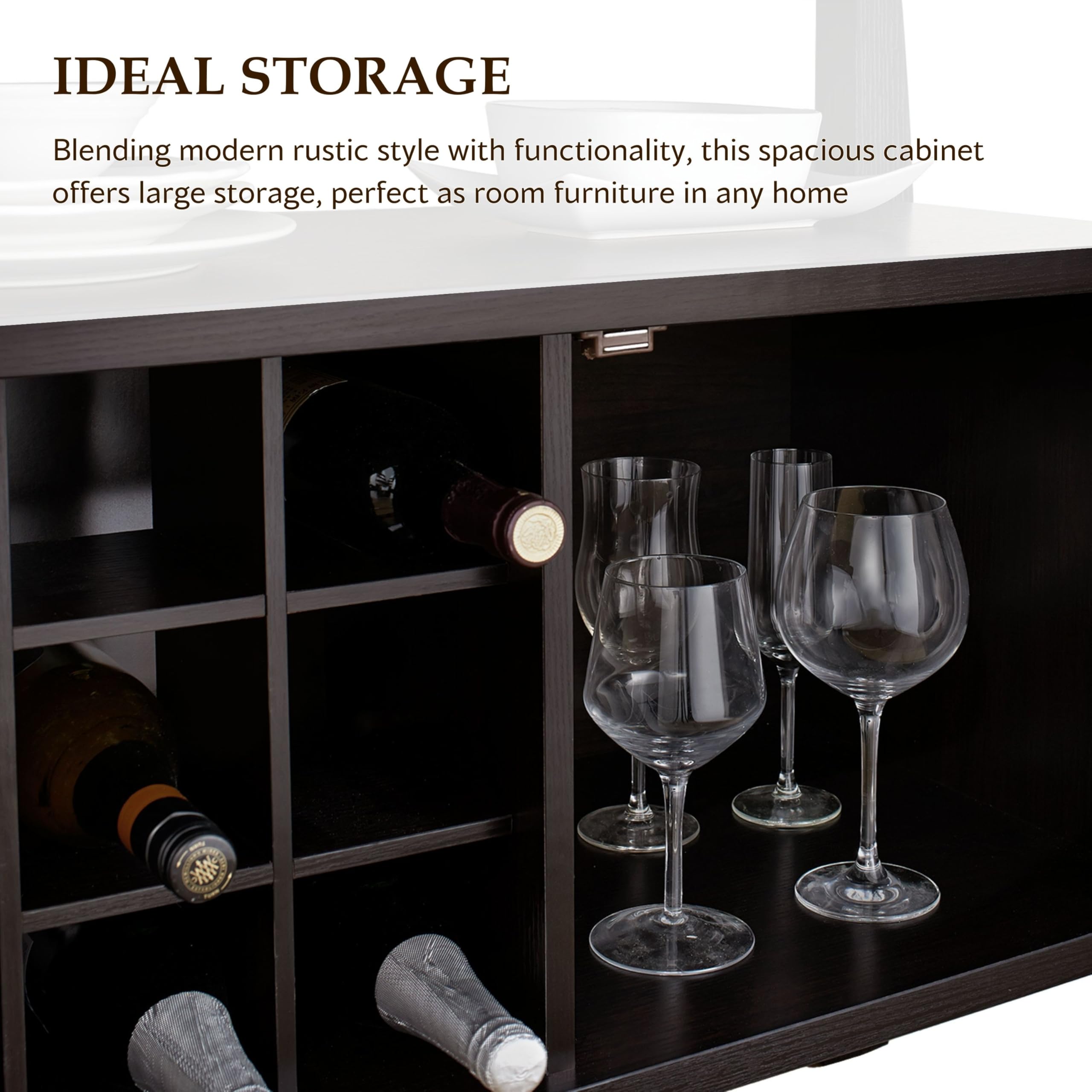 Furniture of America Clyton Modern Kitchen Buffet Storage Cabinet with Doors & Shelves - Wood Sideboard Table, Coffee Bar & 9-Grid Wine Rack for Dining Room, Living Room - Dark Espresso Finish - Perfect for Entertaining, Storage & Home Decor
