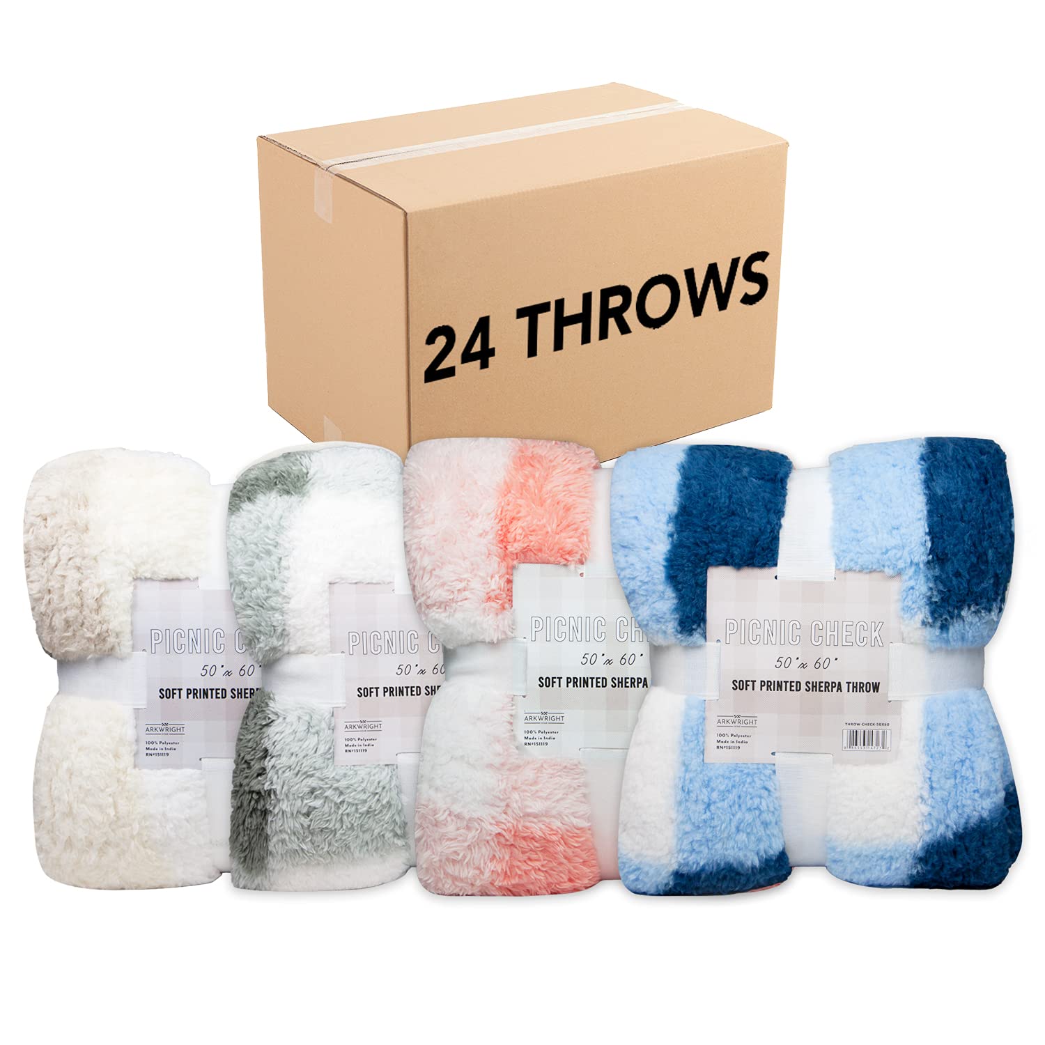 Arkwright Soft Sherpa Plaid Throw Blanket - 50x70 Inches, 24-Pack Bulk Case - Ultra Soft & Warm Polyester Fleece Blankets for Couch, Bed, Sofa - Cozy Home Decor & Perfect Gift for Winter