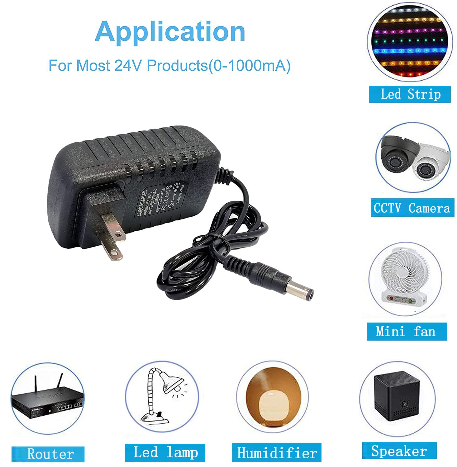 24V 1A DC Power Supply Adapter - 100V-240V AC to 24V DC Converter with 5.5mmx2.5mm Plug - Compatible with LED Strip Lights, CCTV Cameras, Routers & Electronic Devices - Indoor/Outdoor Use for Home & Office