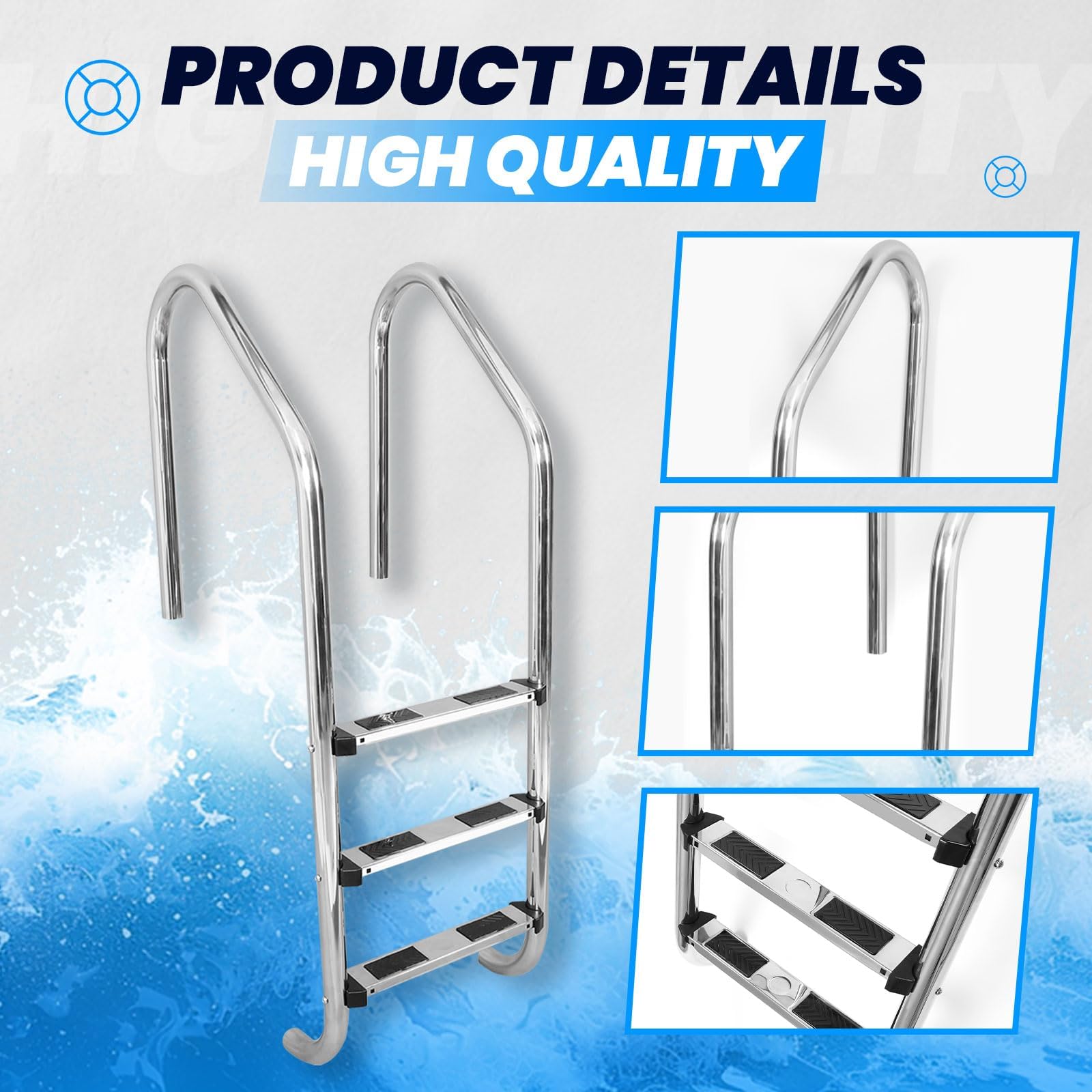 HECASA 3-Step Stainless Steel Swimming Pool Ladder with Anti-Slip Pads - 300LB Weight Capacity for In-Ground Pools - Easy Assembly & Safe Climbing - Indoor/Outdoor Use - Perfect for Backyard, Community, and Vacation Home Pools