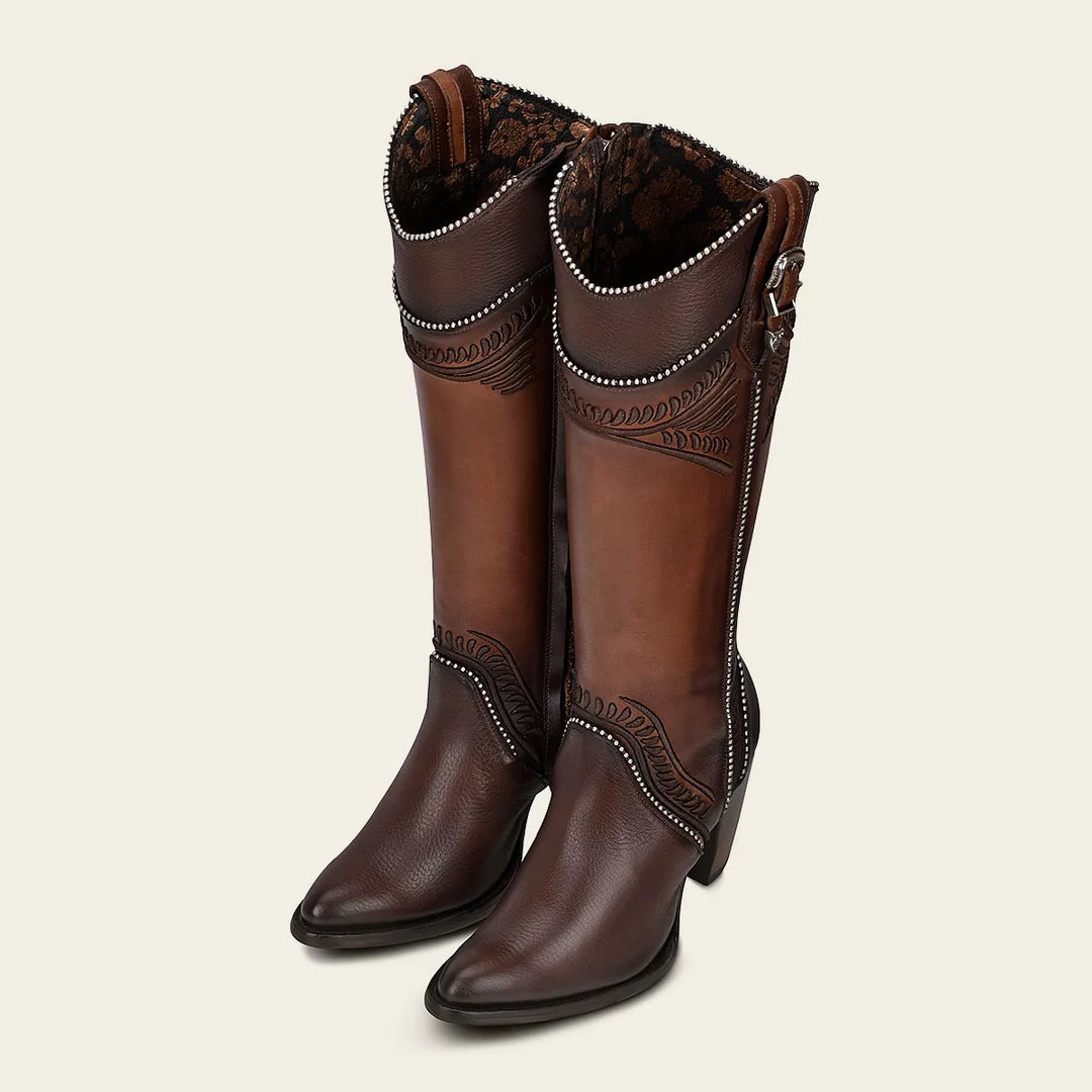 **3F82RS Women's Brown Western Cowgirl Knee High Boots - Genuine Cowhide Leather - Perfect for Rodeo, Country Dancing & Fashion Outfits**