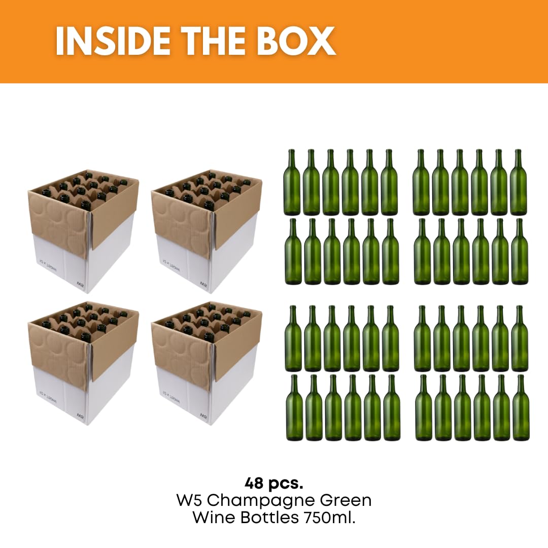 FastRack 48-Pack 750ml Champagne Green Glass Wine Bottles - No Corks Included (4 Cases of 12) - Perfect for Home Brewing, Wine Making & DIY Craft Projects