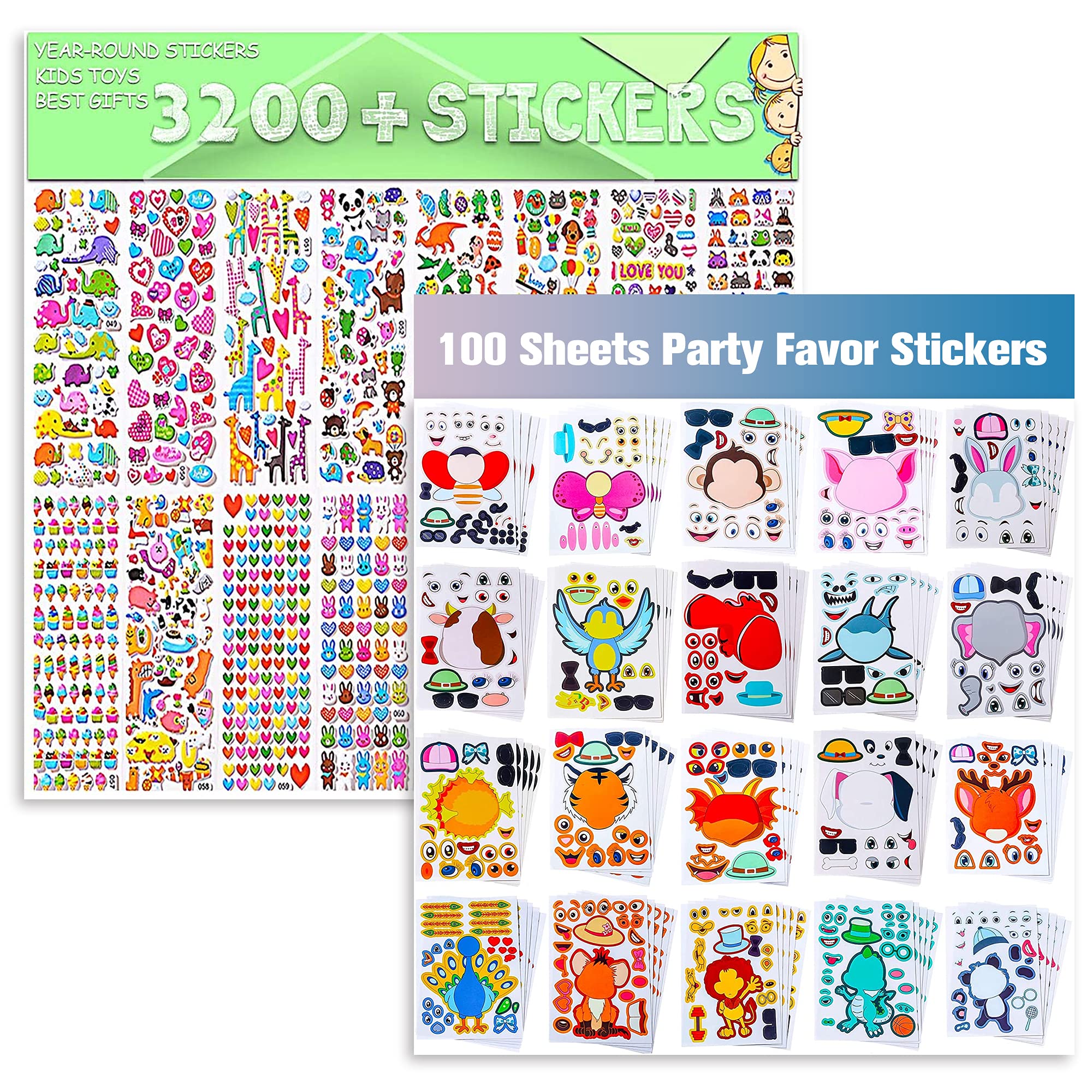Sinceroduct Kids Stickers - 3200 Puffy Stickers & 100 Pack Animal Face Stickers for DIY Crafts, Scrapbooking, School Projects & Party Favors - Fun Creative Activity for Children