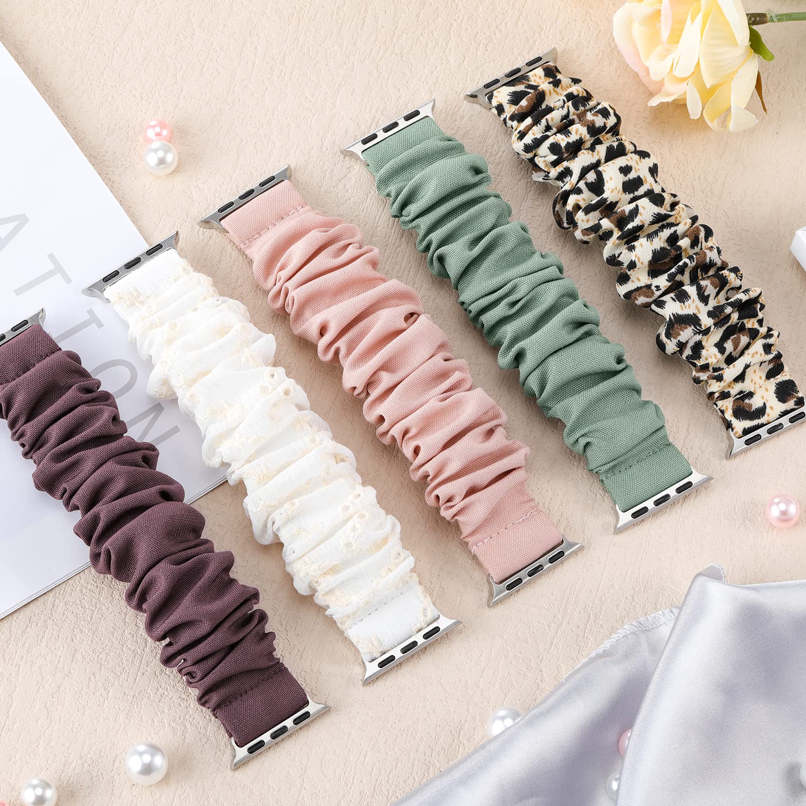 Cute Printed Scrunchie Bands for Apple Watch 38mm 40mm 41mm 42mm 44mm 45mm - Soft Elastic Solo Loop Wristband Strap Compatible with iWatch SE Series 9/8/7/6/5/4/3/2/1 - Fashionable Accessory for Women, Perfect for Workouts, Yoga & Everyday Wear