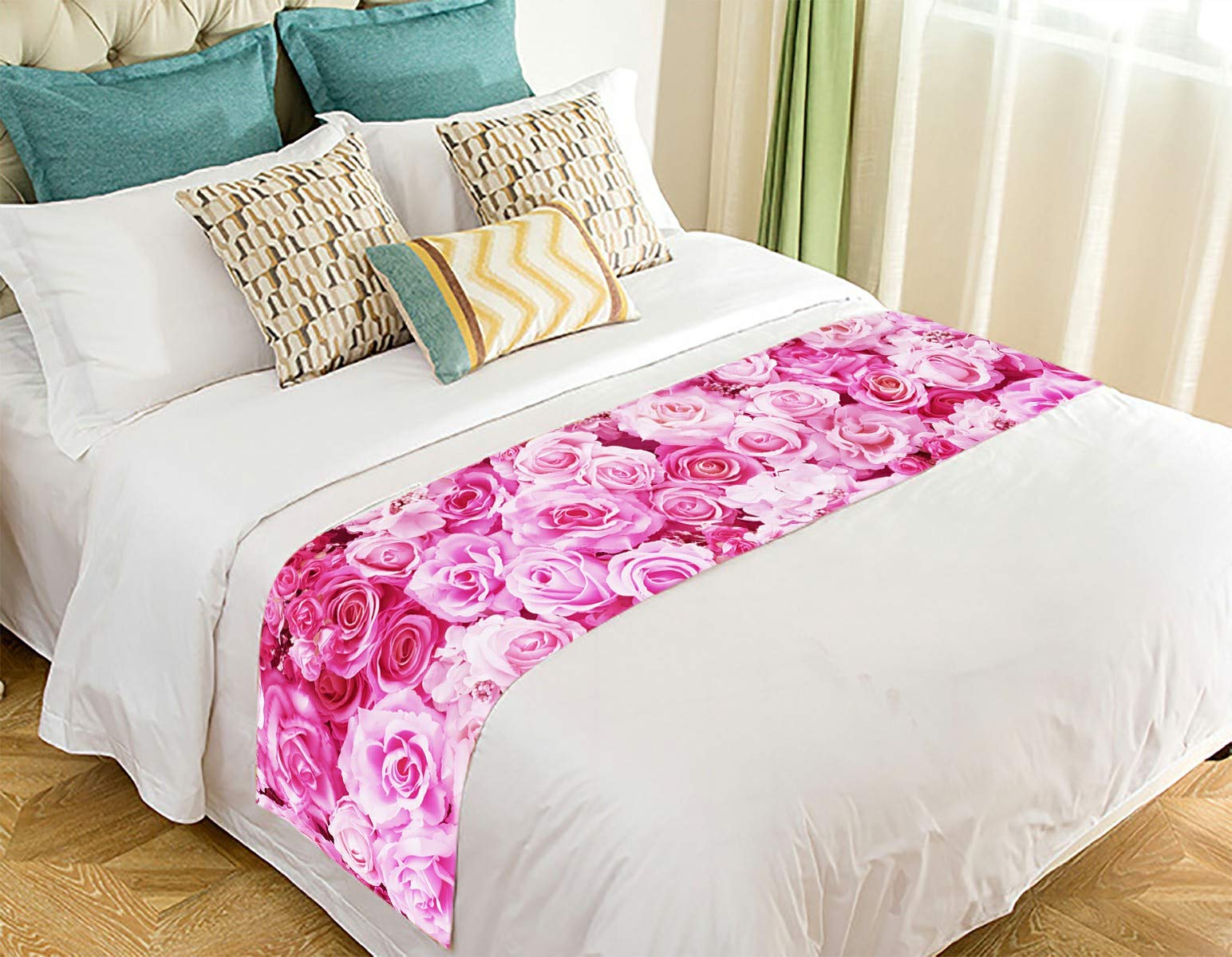 Pink Rose Flower Bed Runner - 20x95 Inch Elegant Bed Scarf for Queen King Size Beds - Perfect for Bedroom Decor, Wedding Decorations & Home Styling