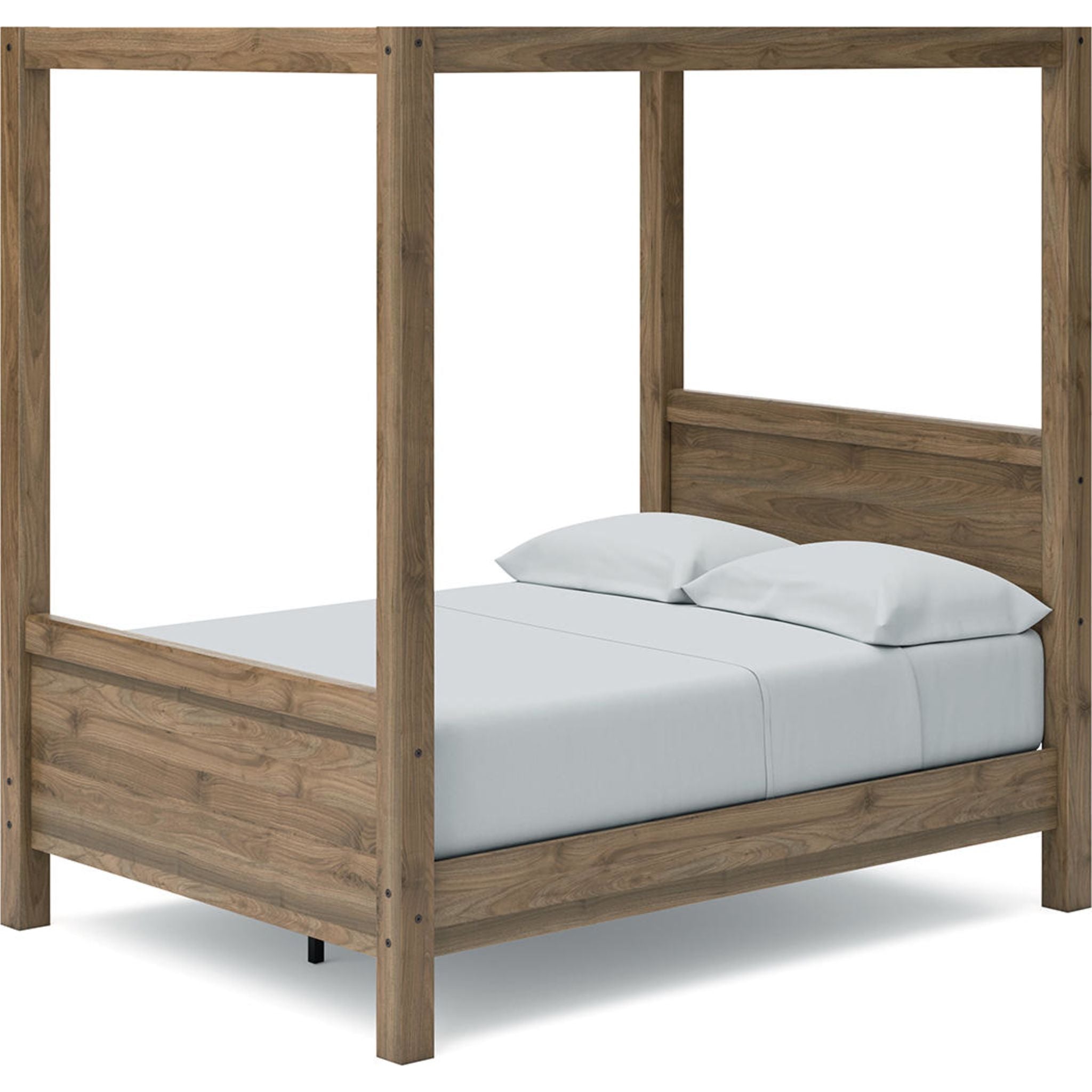 Aprilyn Full Canopy Bed in Honey Finish - Elegant Queen Size Canopy Bed Frame with Curtain Rods for Romantic Bedroom Decor, Perfect for Master Bedrooms, Guest Rooms & Bohemian Style Homes