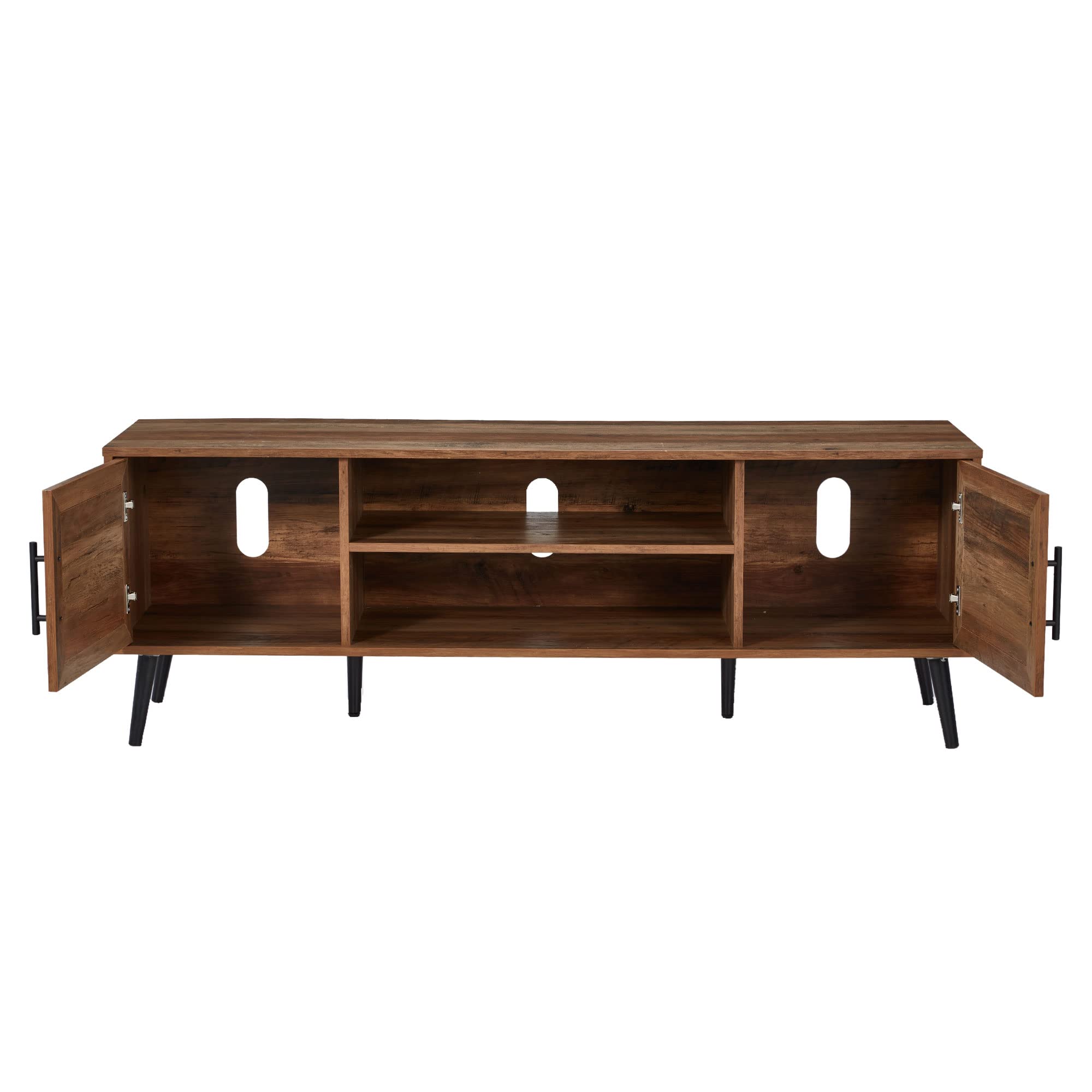 Mid Century Modern TV Stand with Open Shelves & 2 Cabinets - Walnut Wood Entertainment Center for 65 Inch TVs - Perfect for Living Room, Home Theater & Media Room Organization