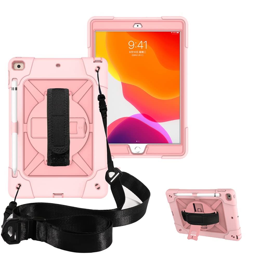 Mignova Shockproof Case for iPad 9th/8th/7th Generation 10.2 inch (2021/2020/2019 Model) - Rugged Protective Cover with Rotating Stand, Pencil Holder & Carry Strap | Perfect for Work, School & Travel (Rose Gold)