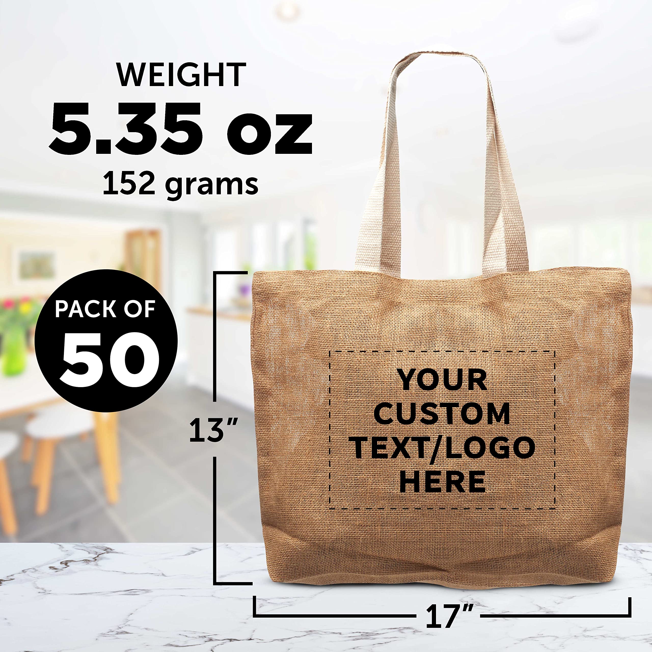 50 Pack Natural Jute Fiber Tote Bags with Custom Text & Logo - Eco-Friendly Reusable Grocery Bags with Sturdy Webbing Handles for Shopping, Beach, Farmers Market & Everyday Use