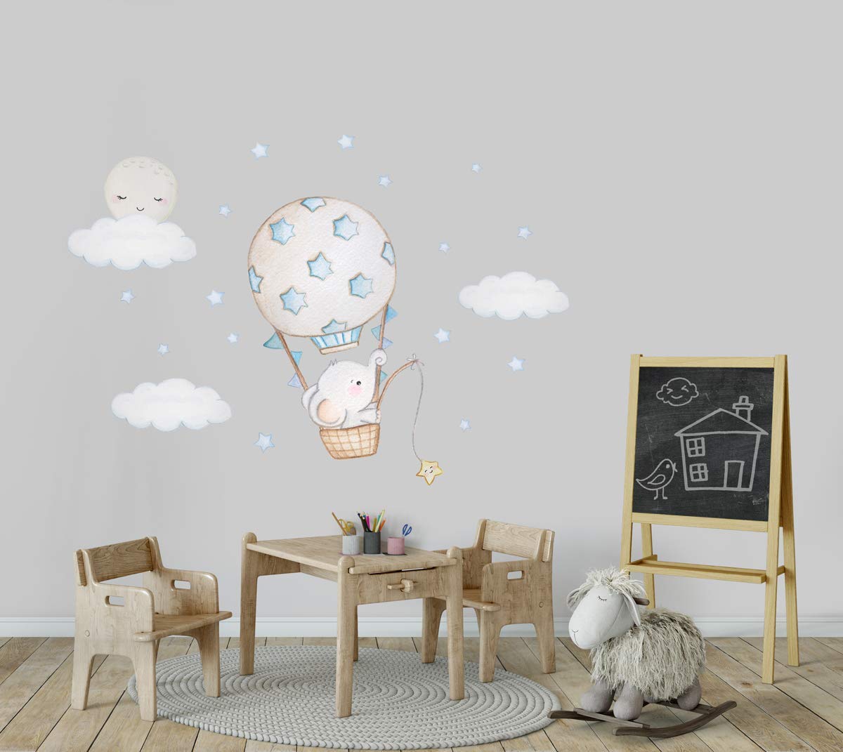 Elephant Nursery Wall Decal - Moon & Hot Air Balloon Decor for Girls - Pink Elephant Sticker with Stars - Perfect for Baby Room, Kids Bedroom & Playroom Decor