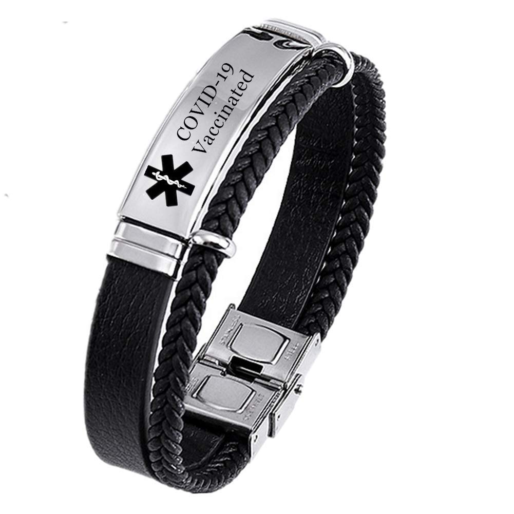 Personalized Leather Medical Alert Bracelet for COVID-19 Vaccination - Custom Engraved Health Condition Reminder Jewelry for Men & Women | Perfect for Travel, Work & Daily Wear