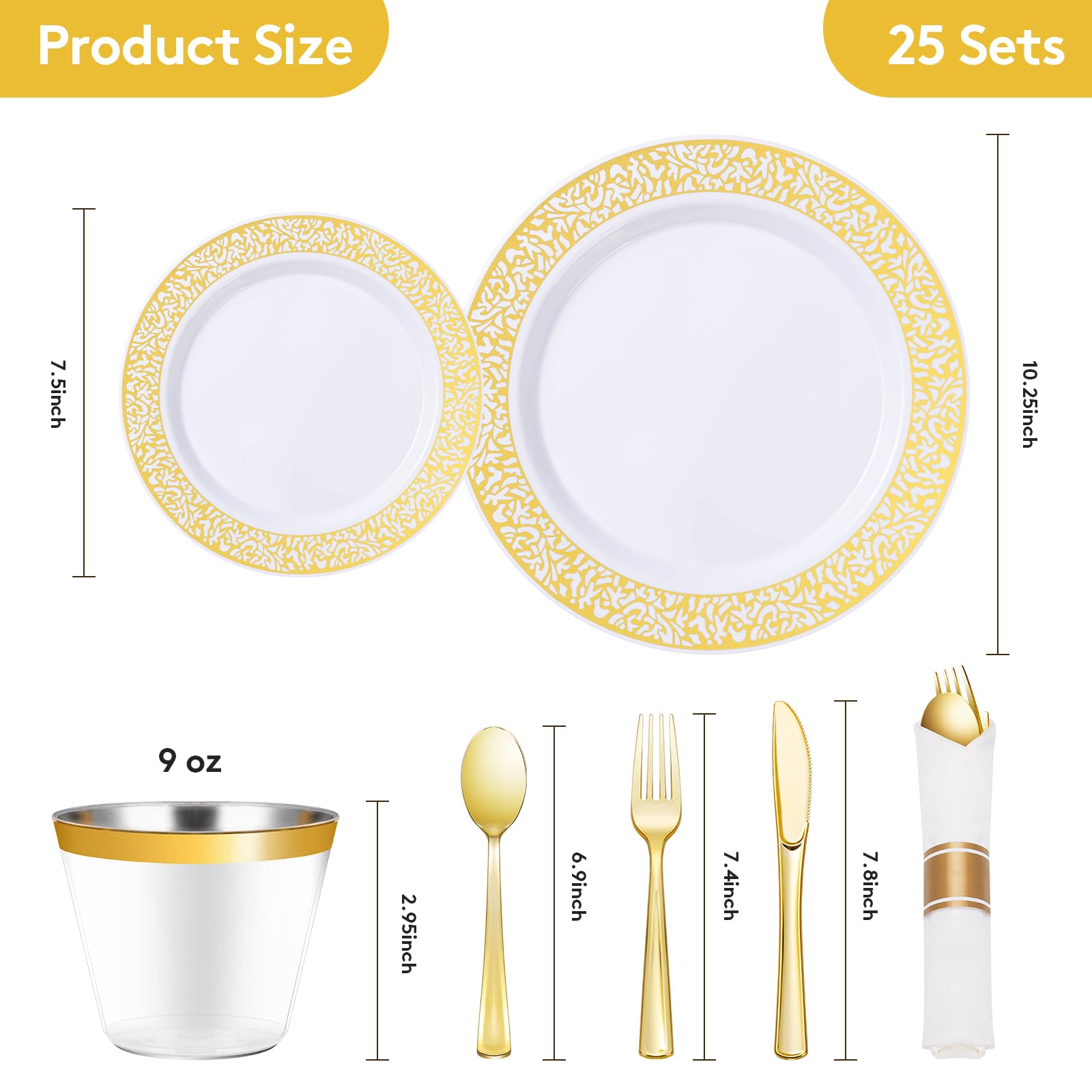 Goodluck 175-Piece Gold Plastic Dinnerware Set for 25 Guests - Disposable Elegant Lace Plates, 25 Gold Dinner Plates, 25 Dessert Plates, 25 Pre-Rolled Napkins with Silverware, 25 Cups - Perfect for Thanksgiving, Christmas, Weddings & Party Events