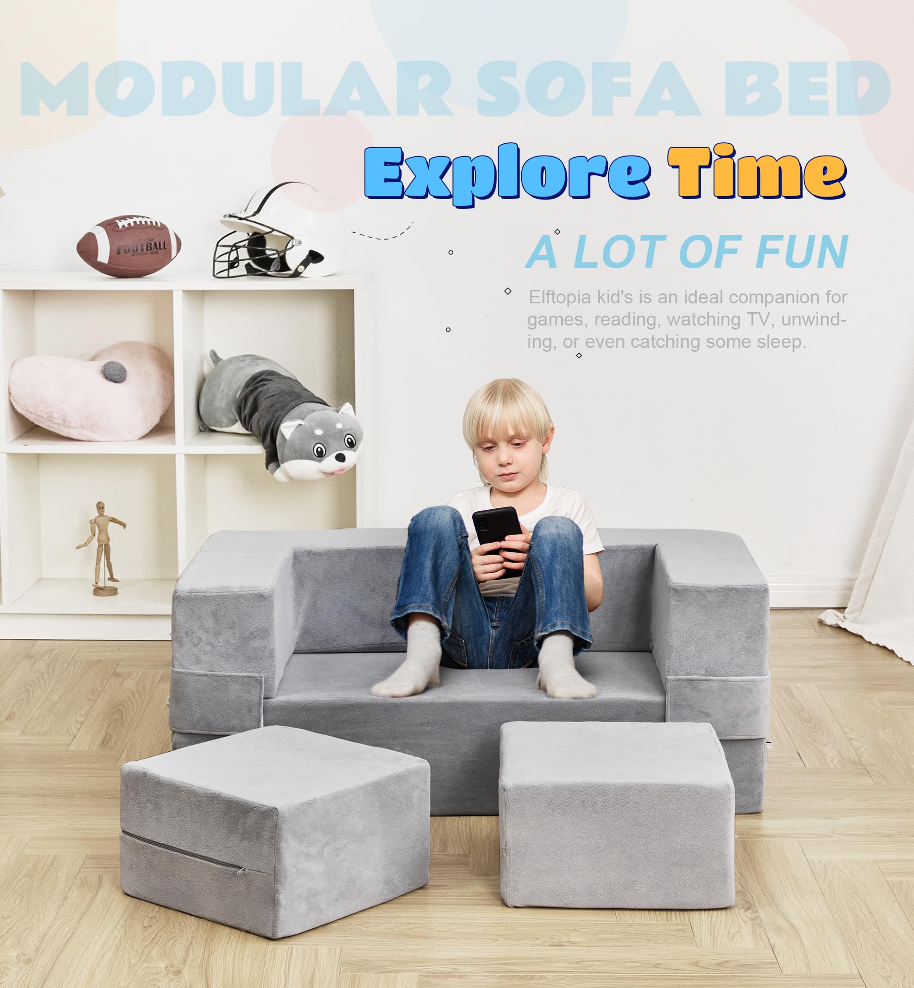 Modular Kids Sofa - Convertible Toddler Couch with Foam Armchair, Foldable Plush Sofa Bed Play Set for Boys & Girls (Grey) - Perfect for Playrooms, Bedrooms & Nap Time