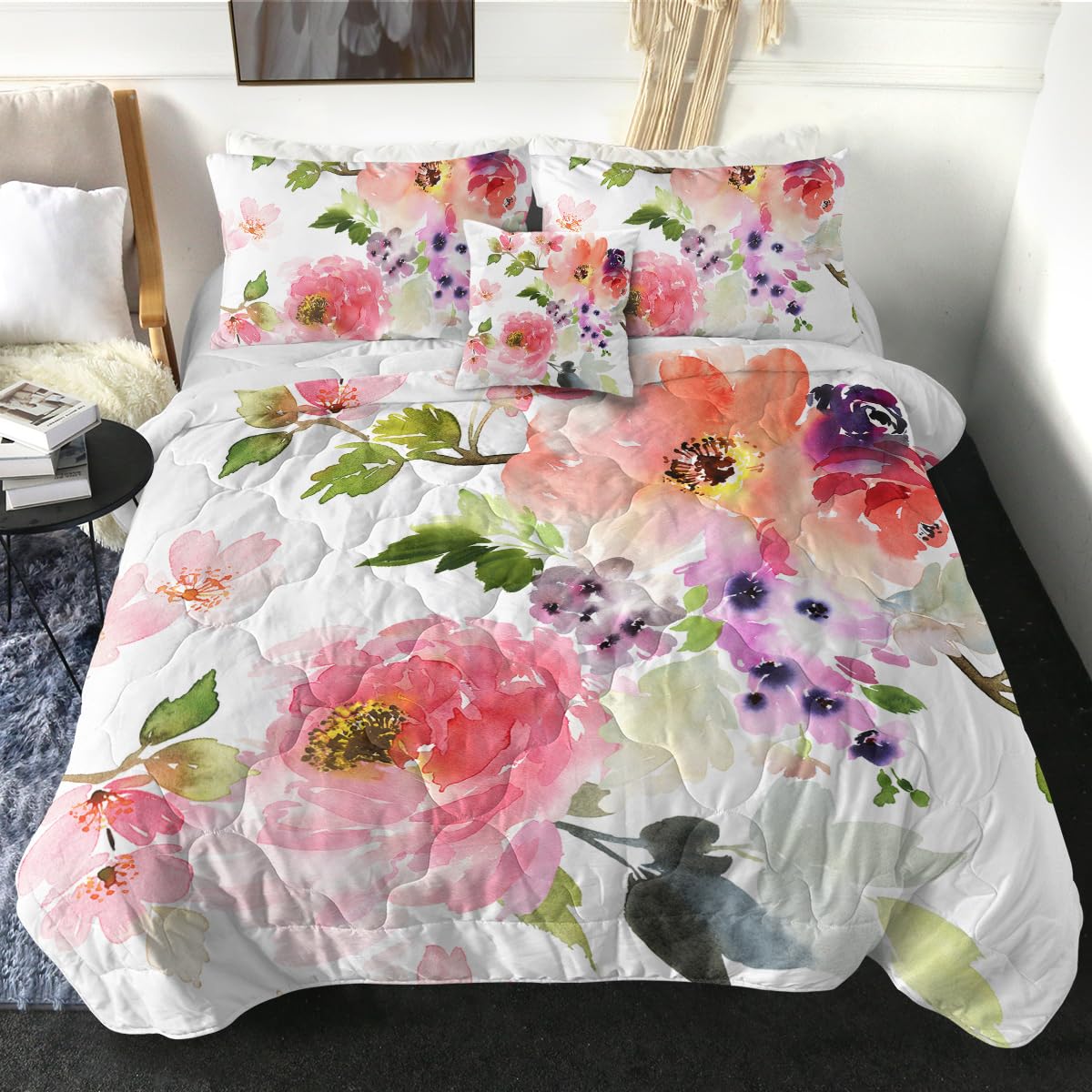Sleepwish Floral Comforter Set Queen Size - Pink Watercolor Flowers & Green Leaves Lightweight Summer Bedding Set with 2 Pillow Shams & 1 Cushion Cover (4 Pcs) - Perfect for Bedroom Decor, Guest Room, and Summer Season Comfort
