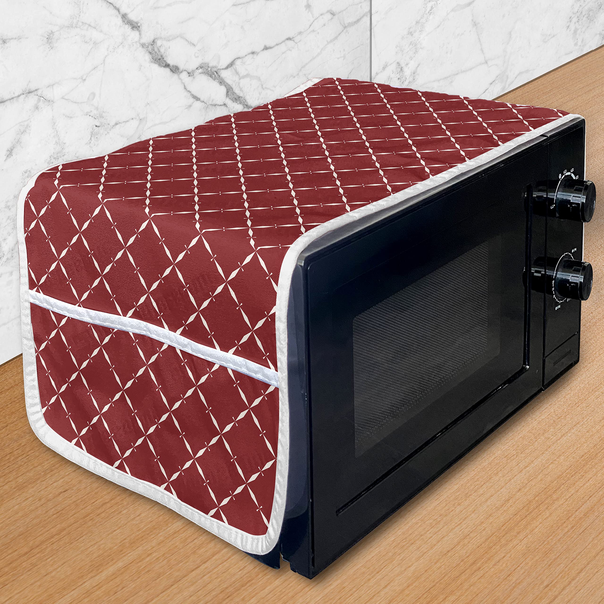Ambesonne Microwave Cover - Waterproof Damask Pattern with Pockets, Geometric Diamond Design in Ruby White, 36