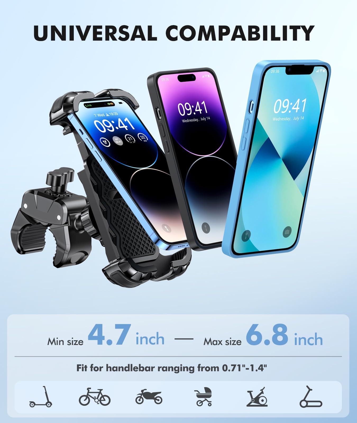 WOCBUY Bike Phone Mount - 1 Second Lock & Secure Motorcycle Phone Holder | 360° Rotatable Handlebar Mount for iPhone & Samsung (4.7-6.8