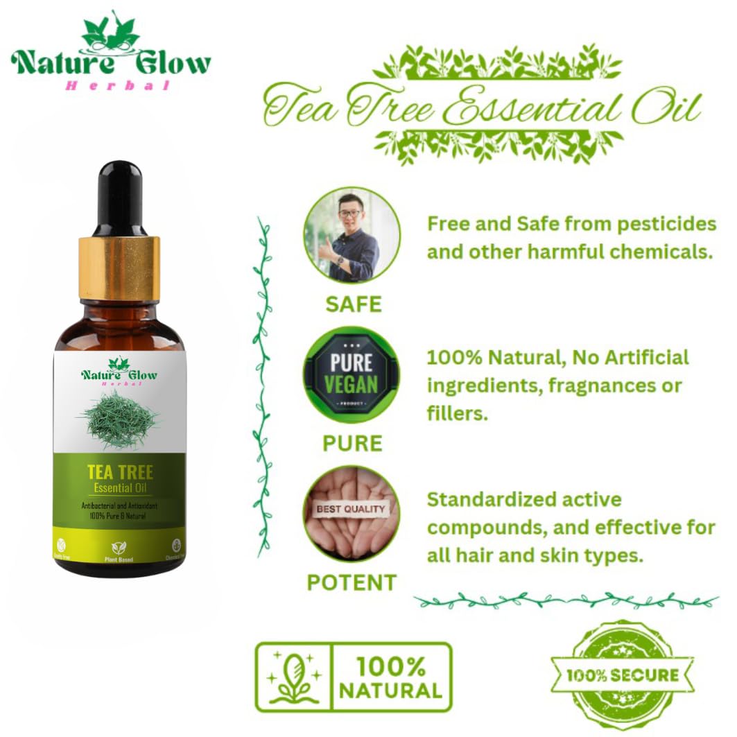 Nature Glow Herbal Tea Tree Essential Oil - 100% Pure, Undiluted for Acne, Pimples, Scars & Skin Care | Face & Hair Treatment | Anti-Dandruff Solution | Therapeutic Grade Aromatherapy Oil (15ml) - Perfect for DIY Beauty, Massage & Home Remedies