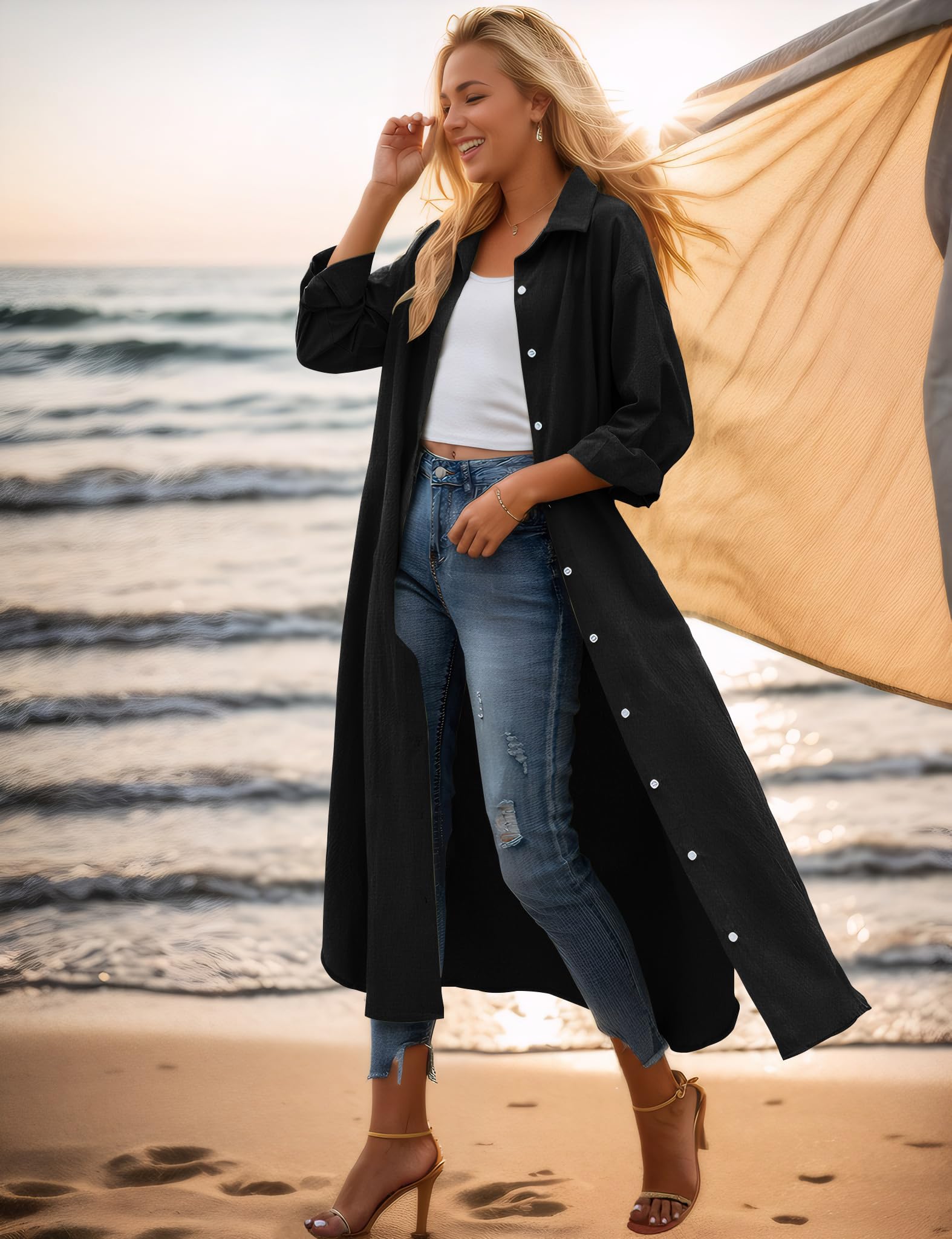 Sopliagon Women's Cotton Linen Shirt Dress - Casual Loose Maxi Dress for Summer, Beach, Travel & Everyday Wear