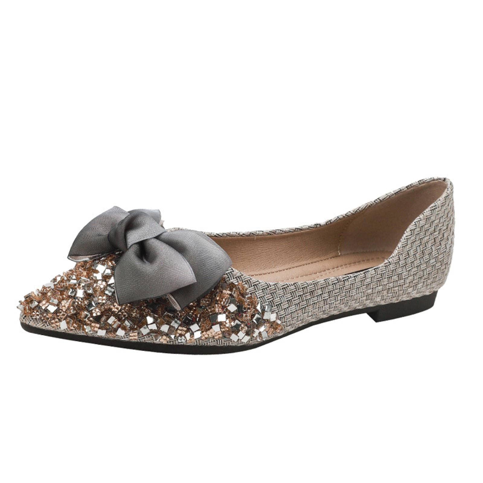 Elegant Rhinestone Bow Pointed Toe Flat Pumps for Women - Plus Size Evening Shoes, Comfortable Boat Shoes for Party, Wedding & Formal Occasions