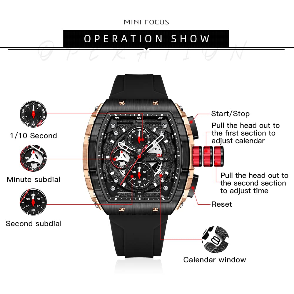 MF Mini Focus Men's Fashion Tonneau Chronograph Watch - Waterproof, Luminous, Calendar Display with Silicone Strap - Perfect for Business, Casual Wear & Outdoor Activities