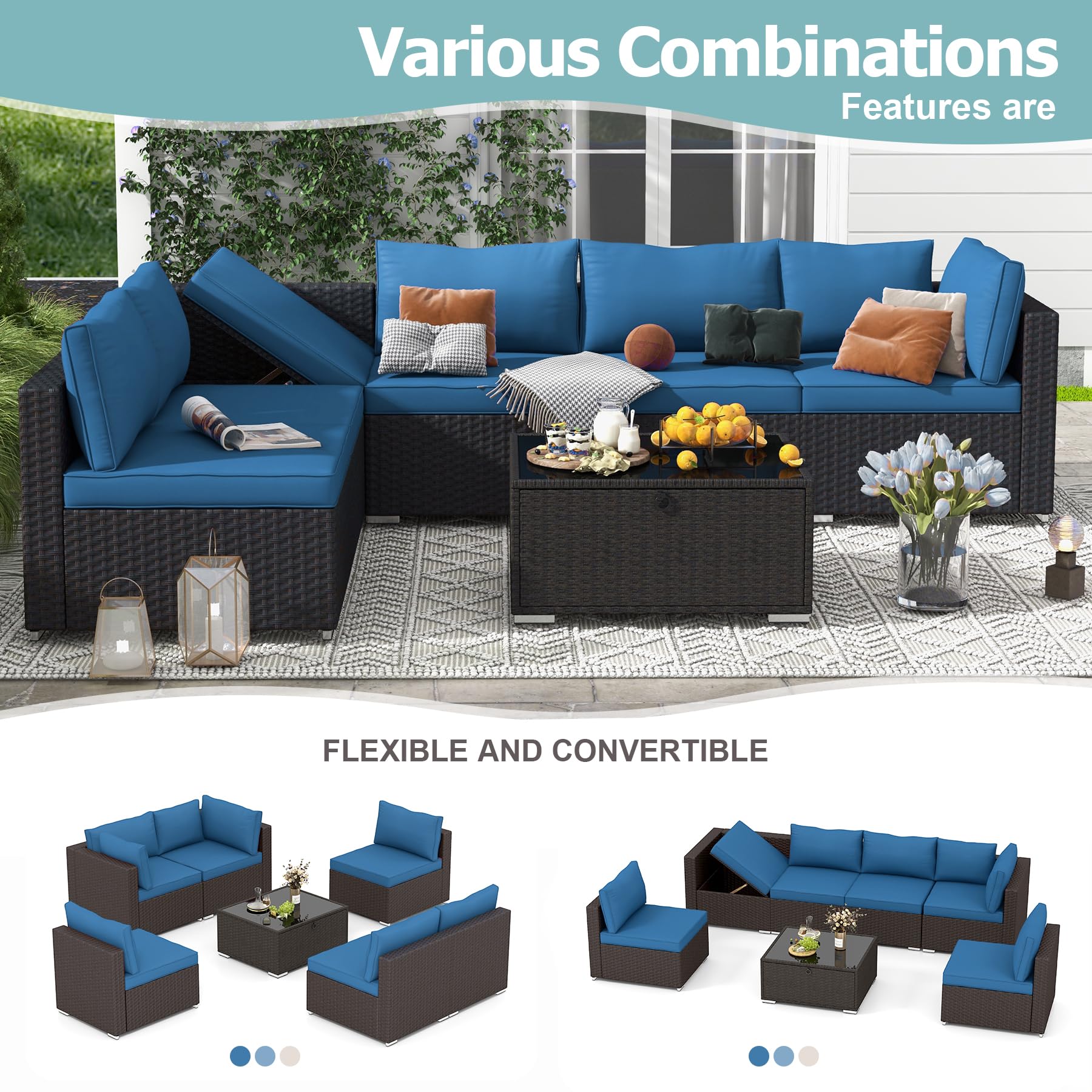 HOMREST 7-Piece All-Weather Wicker Patio Furniture Set with Adjustable Bracket & Coffee Table - Outdoor Conversation Set for Porch, Garden, Backyard (Blue) - Perfect for Relaxing, Entertaining & Outdoor Dining