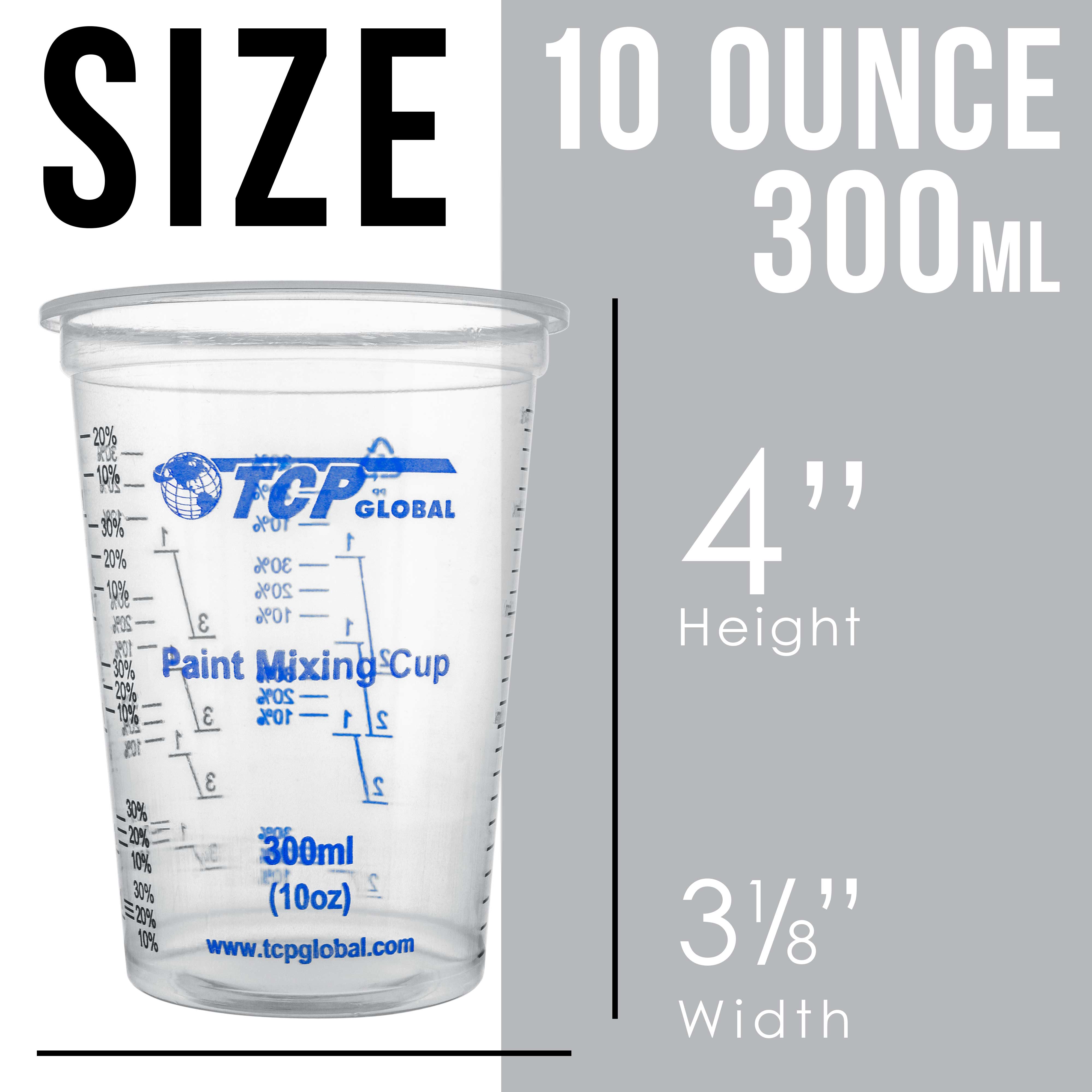 TCP Global 10 oz (300ml) Disposable Plastic Mixing Cups - Pack of 50 Cups & 50 Sticks - Clear Graduated Containers for Paint, Resin, Epoxy - Perfect for DIY Crafts, Art Projects & Home Repairs