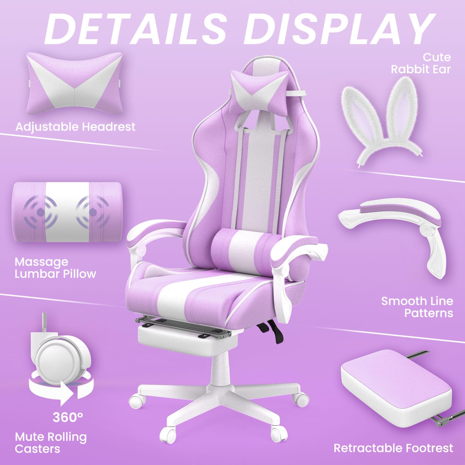 Kawaii Light Purple Gaming Chair with Bunny Ears - Ergonomic Cute Gamer Chair with Footrest & Massage - Racing Reclining Leather Computer Chair for Girls, Adults, Teens & Kids - Perfect for Gaming, Streaming, Home Office & Dorm Room Setup