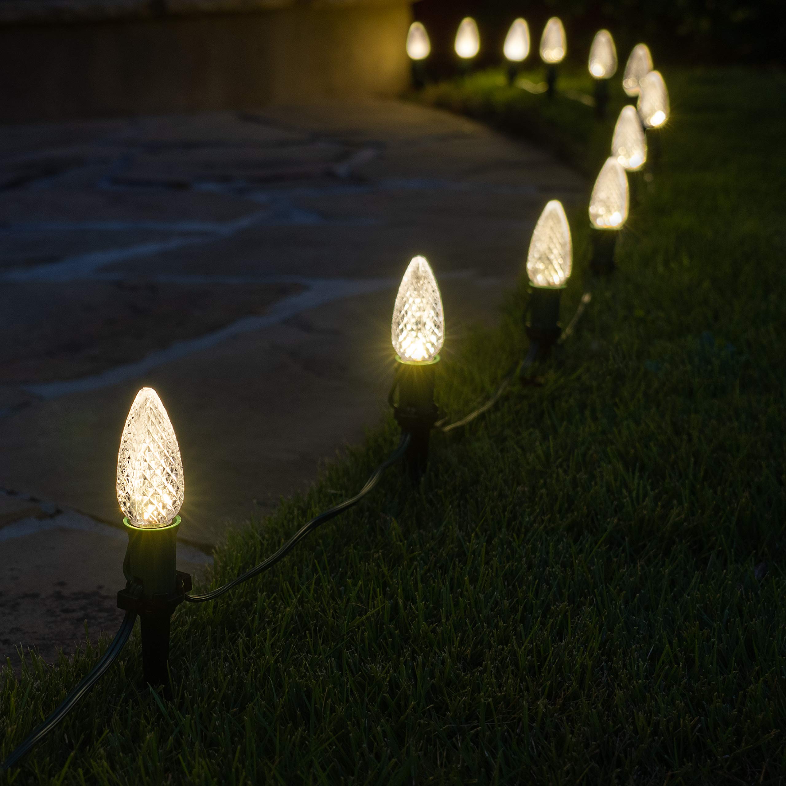 Warm White LED Christmas Pathway Lights - 100ft Green Wire for Outdoor Decor