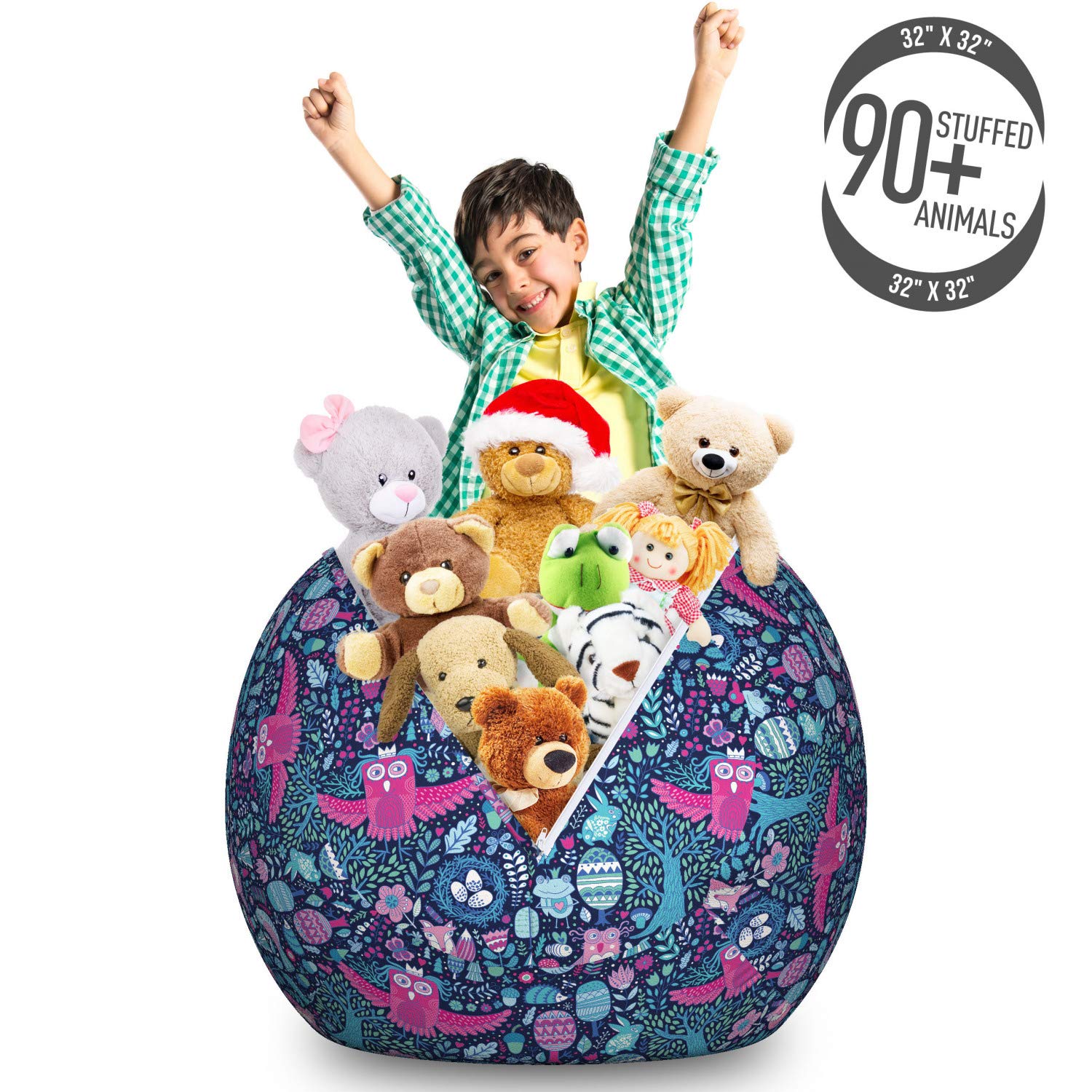 Ambesonne Large Cartoon Toy Storage Bag Chair - Abstract Forest Animals & Botany Birds Bunny Fox Design, Washable Stuffed Animal Organizer for Kids Room, Playroom & Nursery - Multicolor