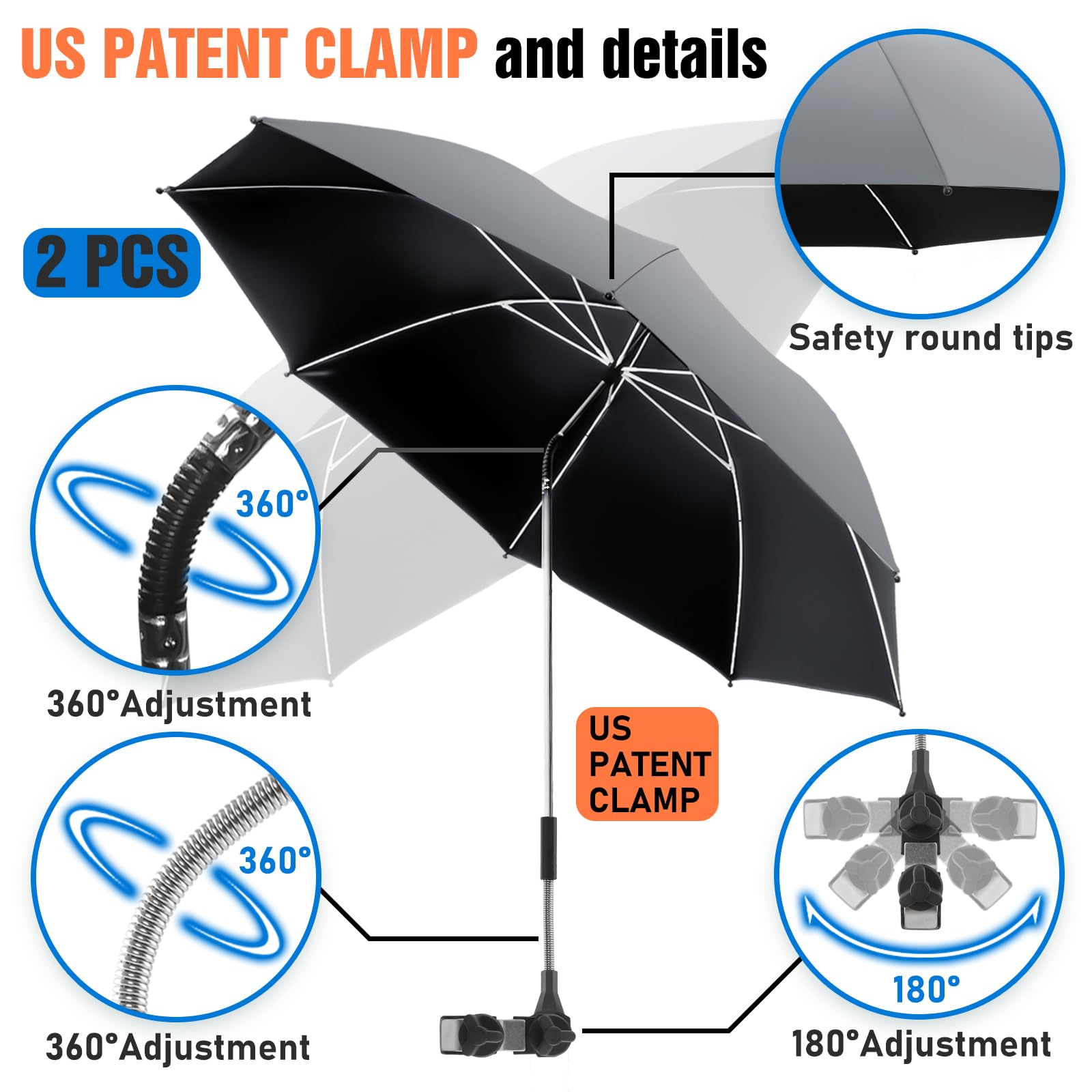 2 Pack Adjustable Chair Umbrella with Clamp - 360° Rotation UPF50+ Sun Shade for Beach, Patio, Wheelchair, Camping & Golf Carts | Perfect for Outdoor Relaxation, Sun Protection & Travel (Chair Not Included)