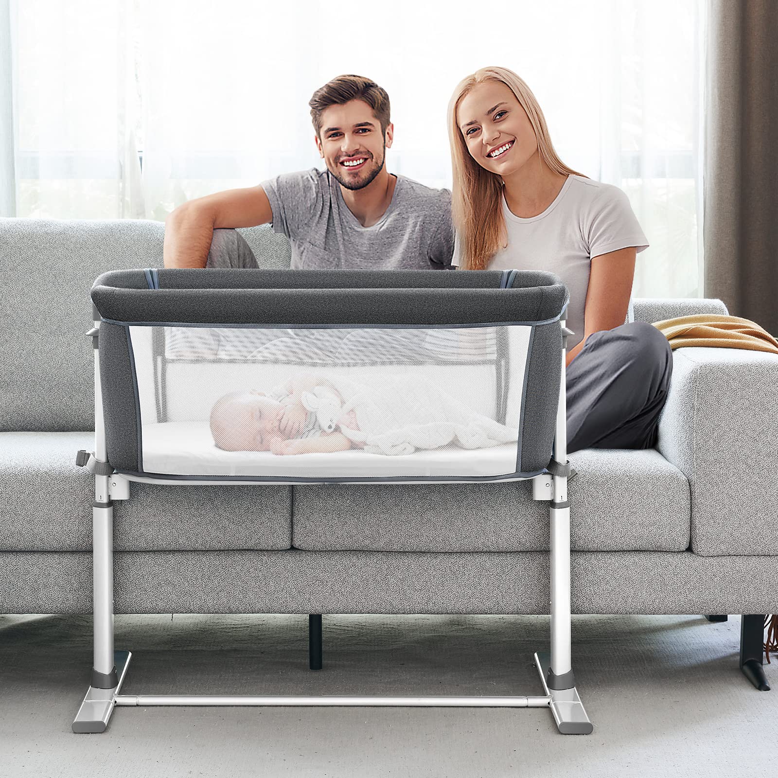 ALVOD Baby Bassinet Bedside Sleeper - Adjustable Height Crib for Infants with Breathable Mesh, Easy Assembly (Dark Grey) | Perfect for Nursery, Bedroom & Travel Use