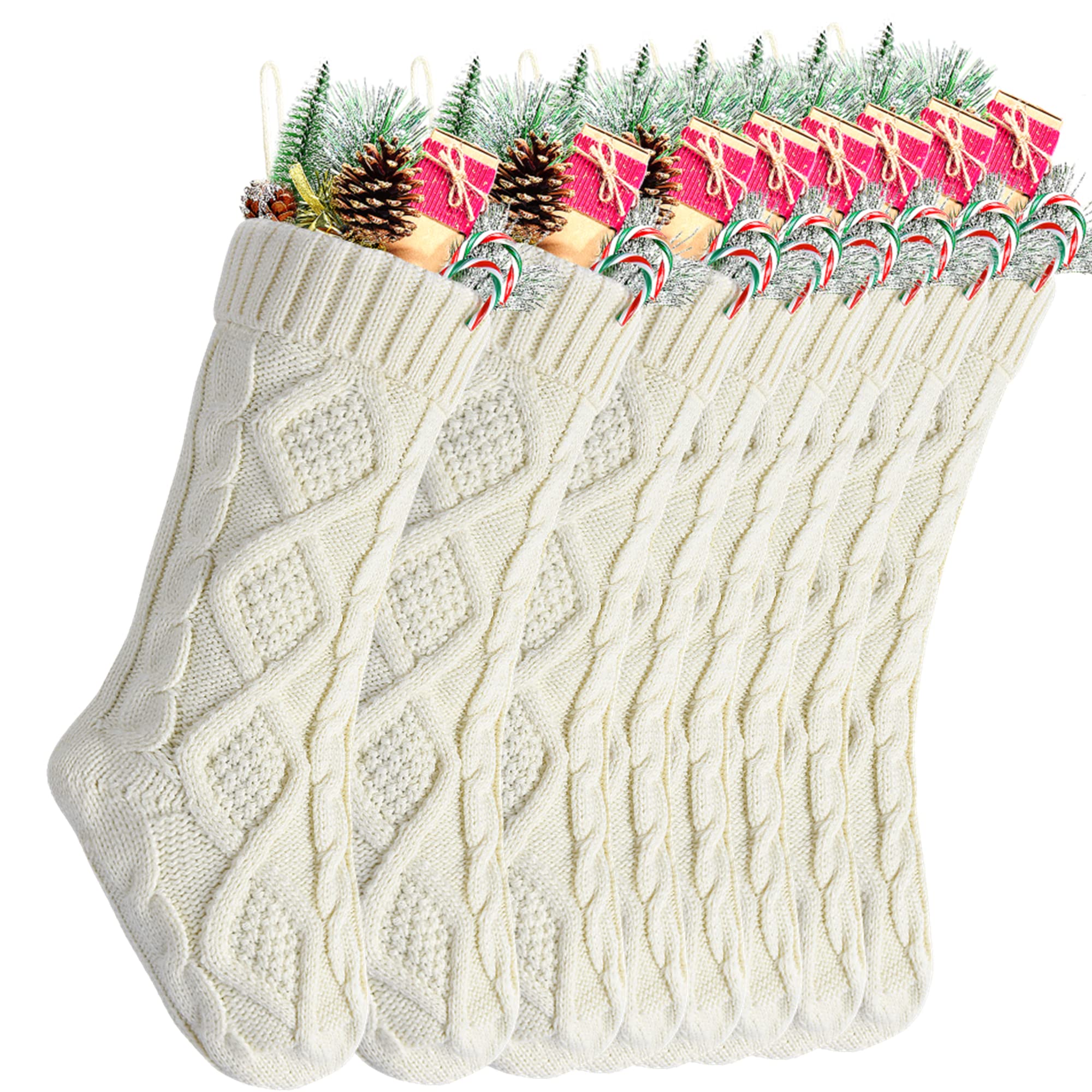 Kunyida Unique Burgundy Ivory White Green Knit Christmas Stockings - Festive Holiday Decor for Fireplace Mantel, Gift Giving & Cozy Home Decor