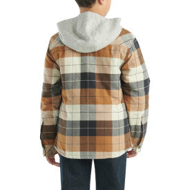 Carhartt Youth Boys Long Sleeve Flannel Button Down Hooded Shirt Jacket - Warm Brown Plaid for Outdoor Activities & Casual Wear