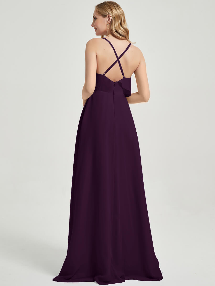 Elegant Criss Cross Straps Ruffles Slit Chiffon Maxi Bridesmaid Dress in Plum - Perfect for Weddings, Formal Events & Evening Parties