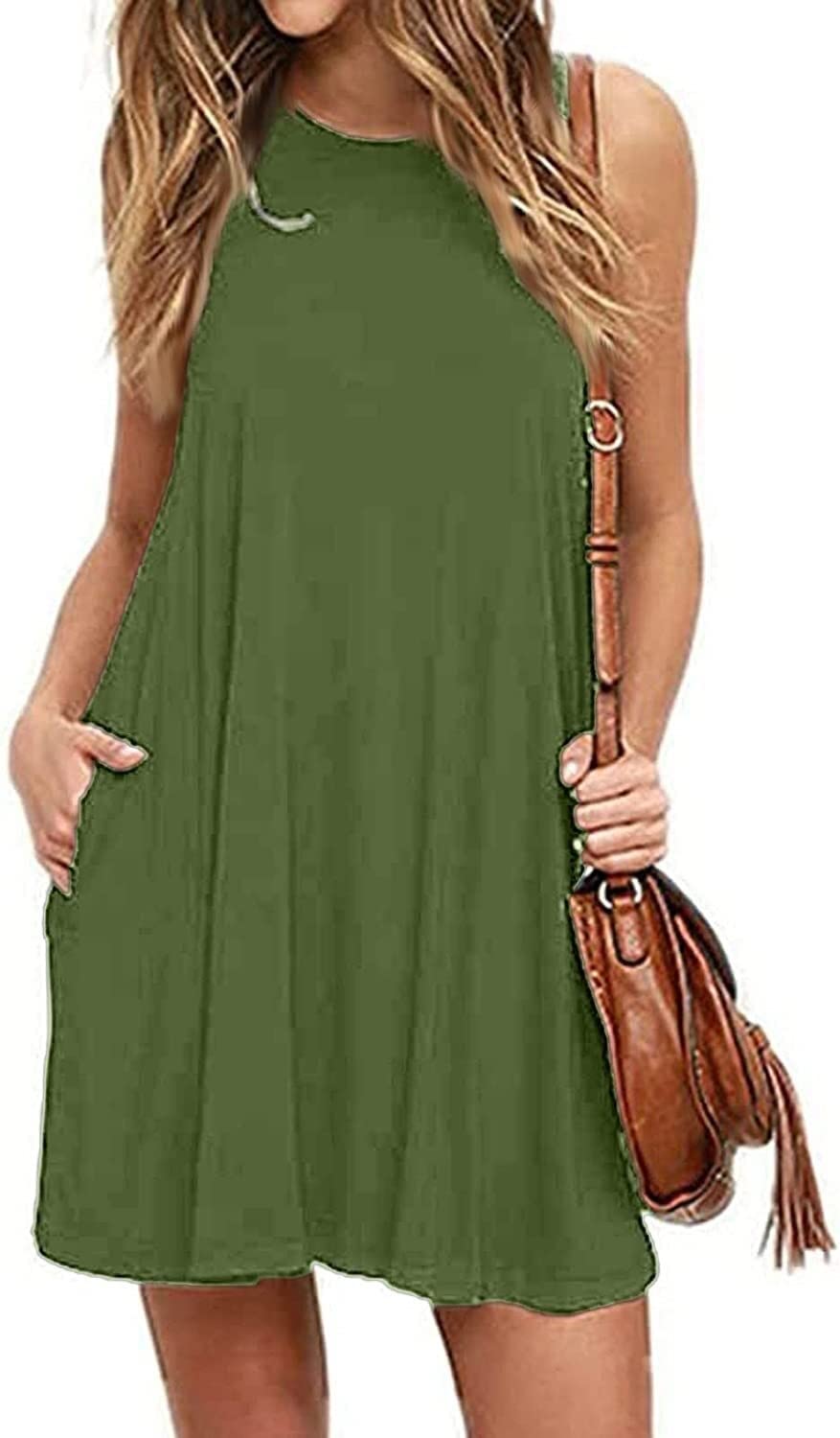 Women's Casual Loose Swing Mini T-Shirt Dress with Pocket - Trendy Flowy Round Neck Tank Dress for Everyday Wear (Color: Green, Size: XS) | Perfect for Summer Outfits, Beach Cover-Ups & Weekend Errands