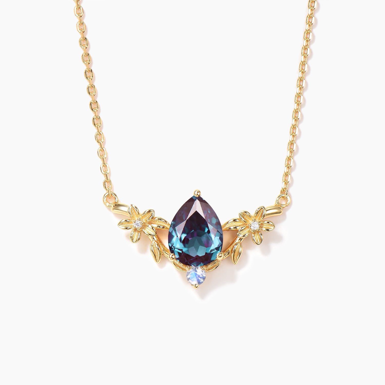 Pear Cut Color Changing Alexandrite Floral Leaf Pendant Necklace for Women - Elegant Jewelry Gift for Anniversary, Wedding & Special Occasions