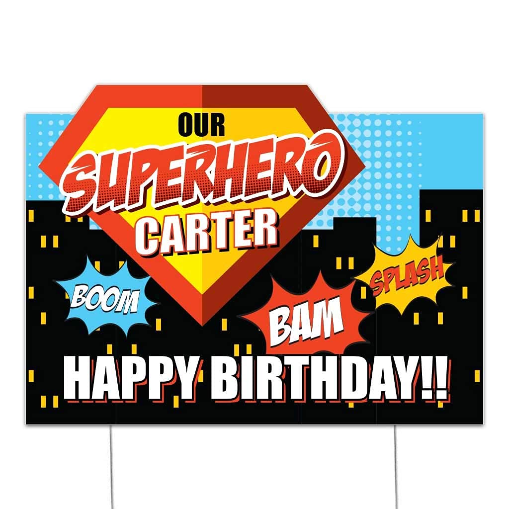 Custom Superhero Birthday Yard Sign - Personalized Superhero Party Decorations 17x22.5 Inch with 2 Stakes - Outdoor Welcome Sign for Superhero Themed Birthday Celebrations & Backyard Parties