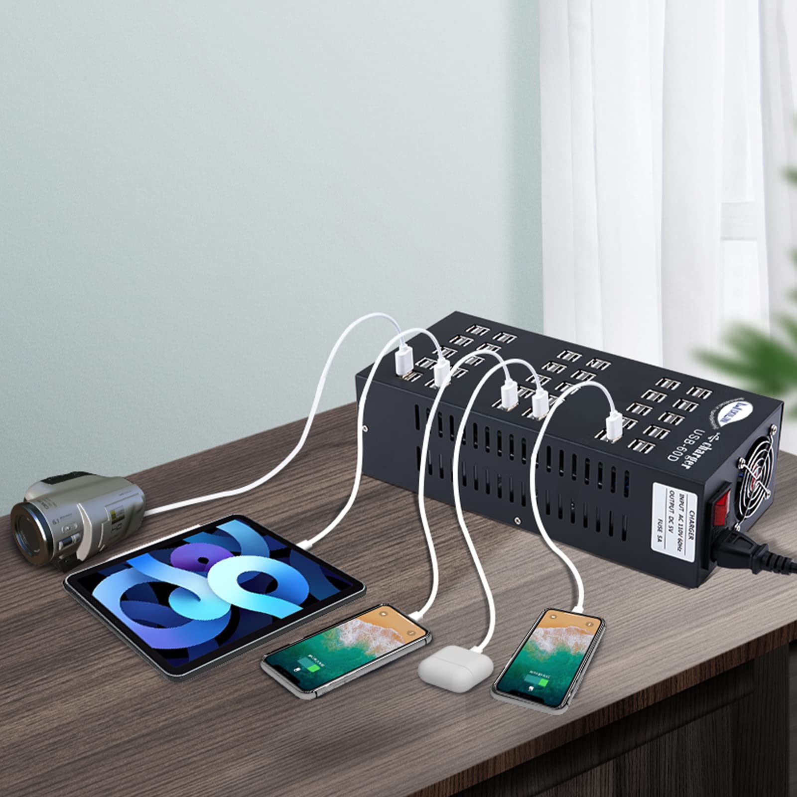 60-Port USB Charging Station 300W/60A with Intelligent Protection - Multi-Port USB Hub for Smartphones, Tablets, iPads - Perfect for Schools, Hotels, Offices & Home Charging Needs
