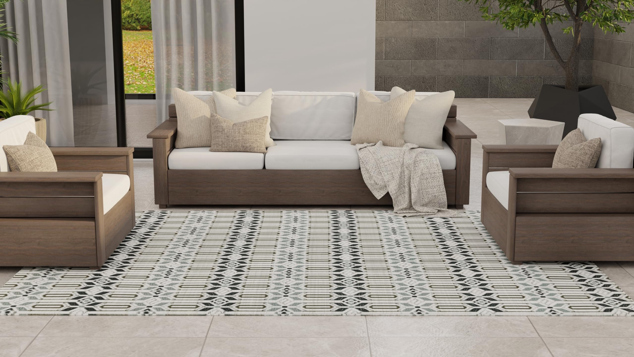 Mad Mats Geometric 5x8 Grey & White Reversible Outdoor Rug - Waterproof Plastic Patio Mat for Poolside, Deck, Porch, Camping & RV - Durable Floor Covering for Backyard, Mudroom & Outdoor Living Spaces