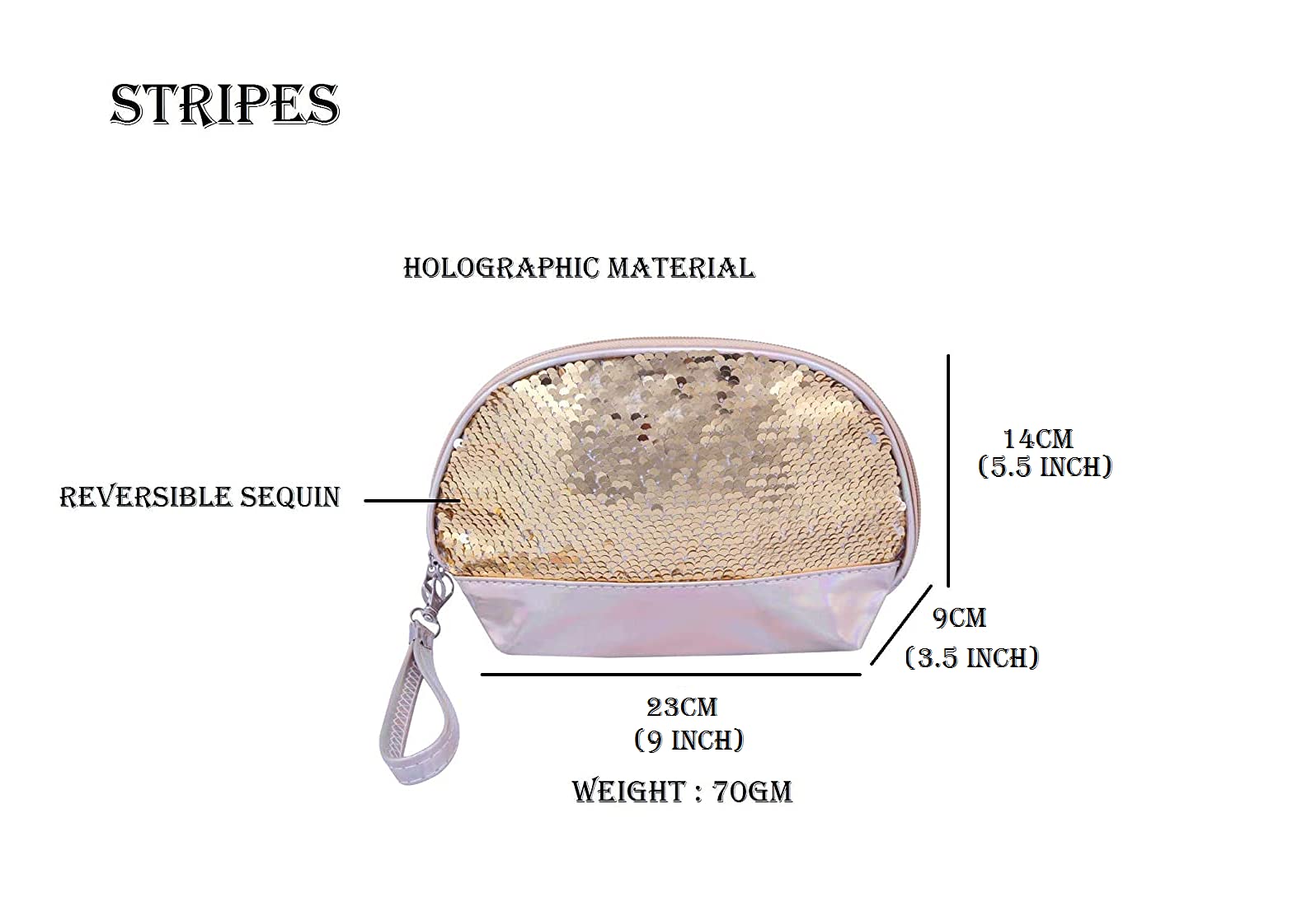 STRIPES® Shell Shaped Holographic Makeup Bag - Reversible Sequin Cosmetic Pouch with Detachable Strap for Women & Girls - Gold Travel Toiletry Organizer for Gym, Beach, Vacation & Daily Use