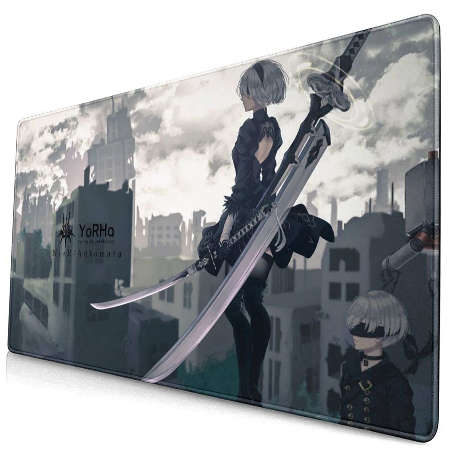 Large Extended Gaming Mouse Pad 24x14 Inches - Non-Slip Base Keyboard Desk Mat with Anime Design (NieR Automata Japanese Theme) - Perfect for PC Gaming, Office Work & Streaming Setups