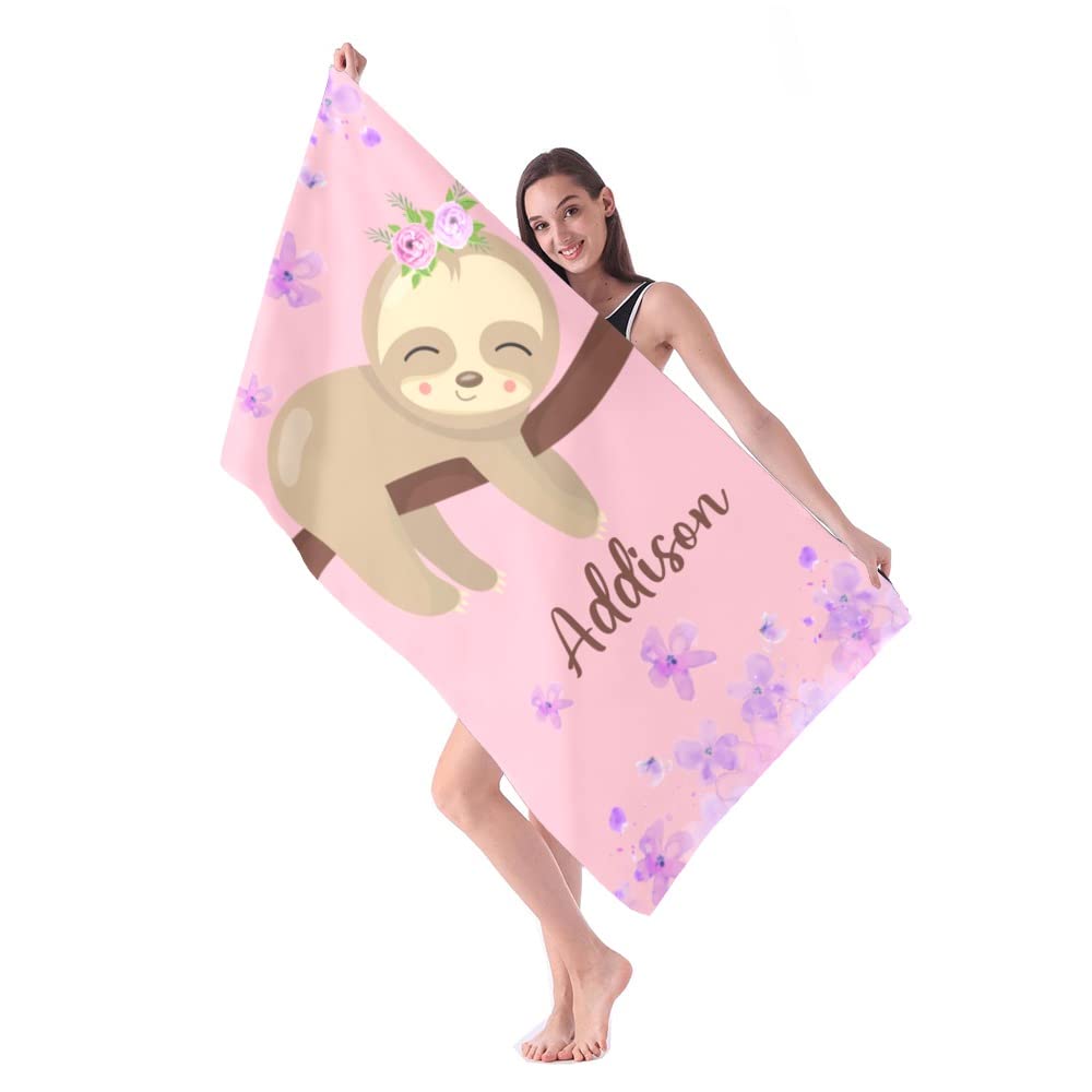 Custom Name Beach Towel with Cute Sloth Design - Quick Dry, Super Absorbent, Sand Proof Microfiber Towel (30x60 inches) for Kids, Girls, Boys & Adults - Perfect for Pool, Beach, Bath & Outdoor Activities