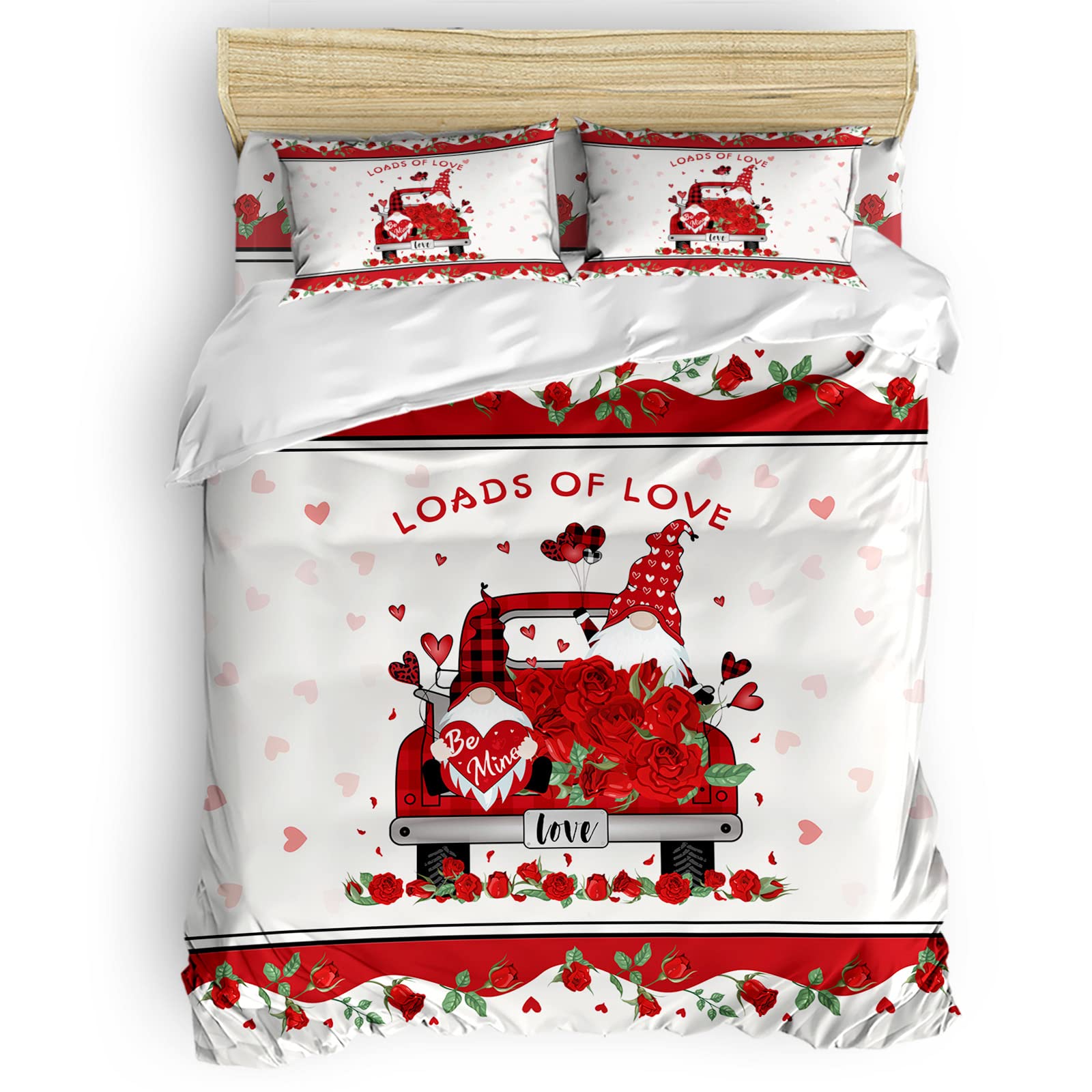 4-Piece Valentine's Day Bedding Set - Vintage Red Truck & Gnome Design with Red Roses - Extra Soft Quilt Cover, Sheets & Pillowcases - Twin Size - Perfect for Romantic Bedrooms & Cozy Home Decor