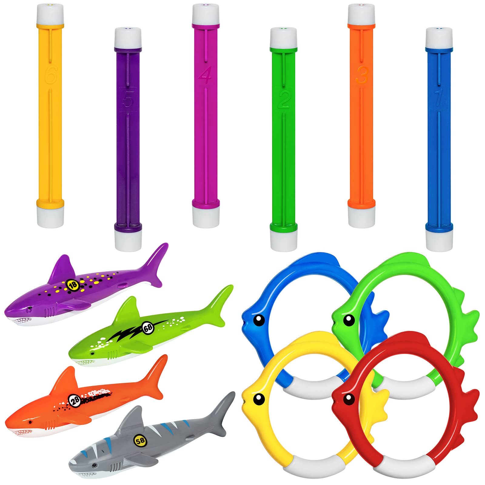14 Pcs Kids Pool Toys Set for Ages 4-8 - Diving Rings, Shark Torpedo Bandits & Swimming Training Toys | Fun Summer Water Games for Children's Swimming Lessons & Pool Parties