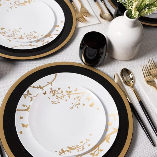 32-Pack White and Gold Round Plastic Dinnerware Set for 16 Guests - Elegant Disposable Plates, Cups, Forks, Knives & Spoons - Perfect for Weddings, Parties, BBQs & Outdoor Events